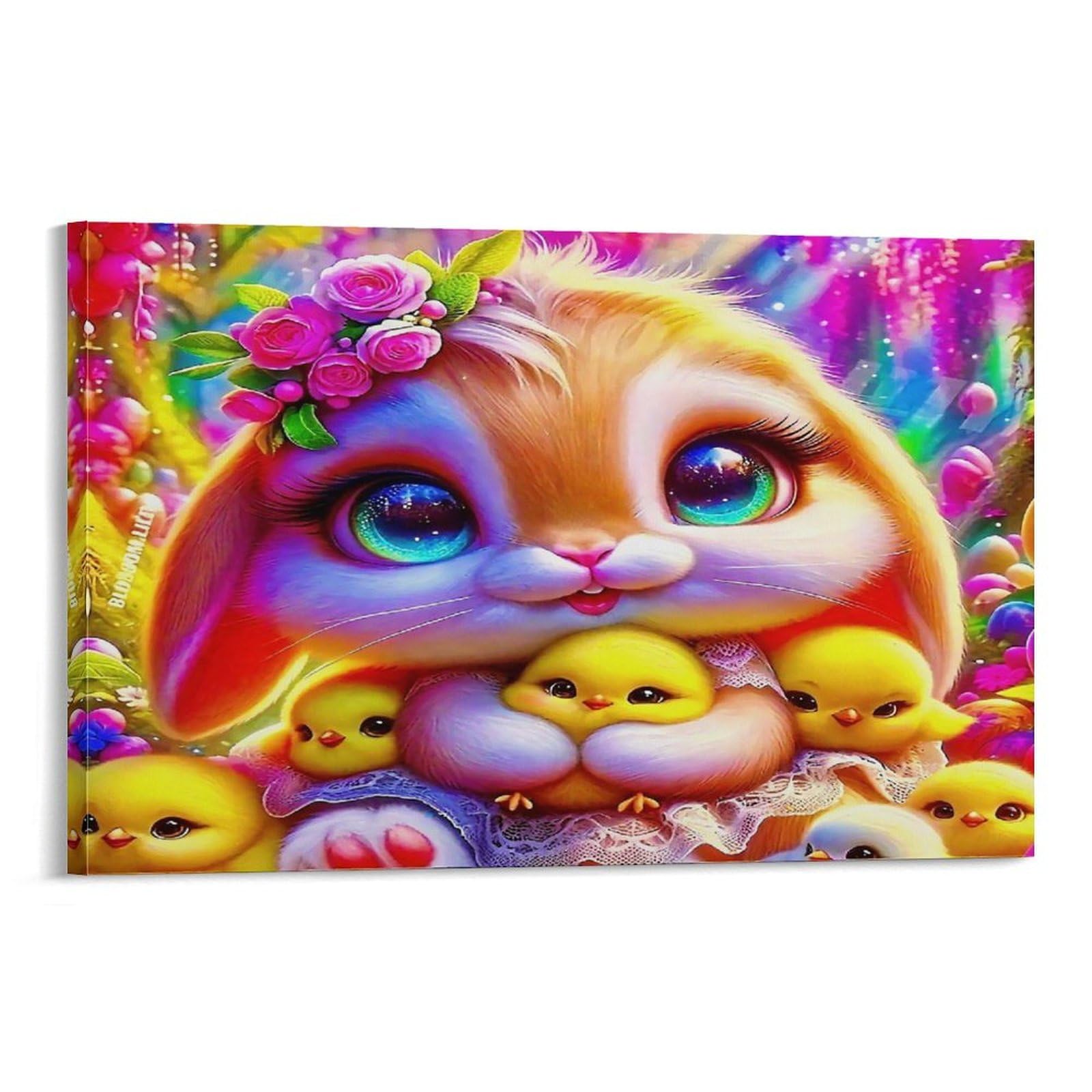 CPLVKWRQJ Yin Yang of Nature with Cosmic Elements 1 Piece Cute Bunny with Baby Chicks Framed Canvas Print - Living Room Focal Point Ready to Hang Gallery Wall Decor 16x24inch(40x60cm)