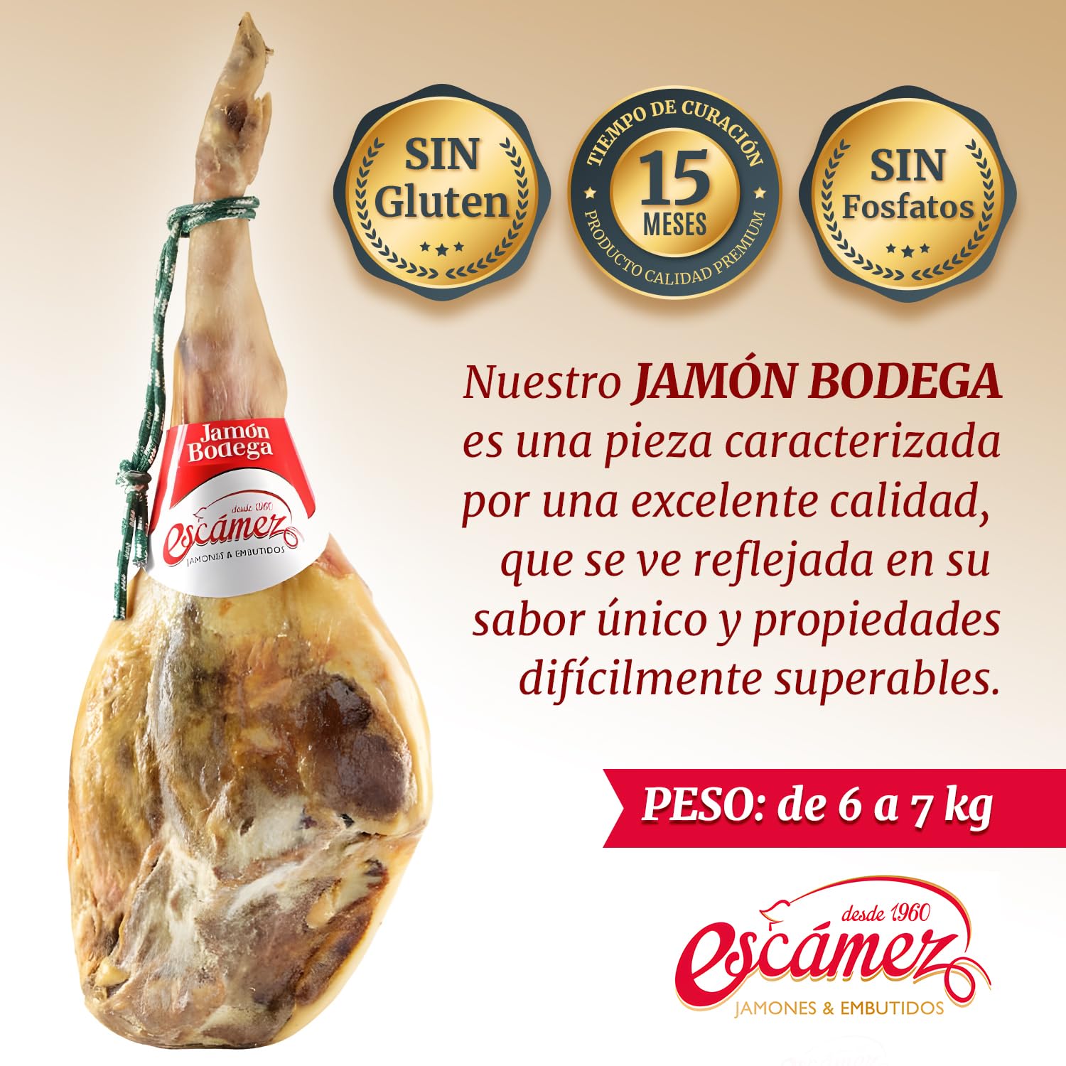 Jamon Bodega Serrano Gr | Escamez Prosciutto | Jamón Reserva sin Pata | Perniles de 6 a 7 Kilos | Jamon Curado | Embutido de Curación Superior a 18 meses | Sin Gluten