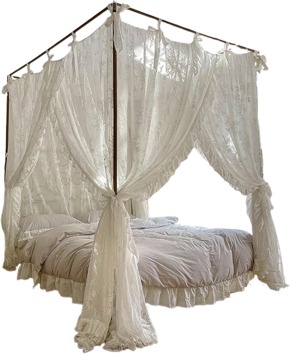 Muzrunq Canopy Bed Curtains, Three-Opening Lace Princess Canopy, 4 Corner Post Hanging Curtains with Ties Fit 4.92ft Bed Home Bedroom Mosquito Net.