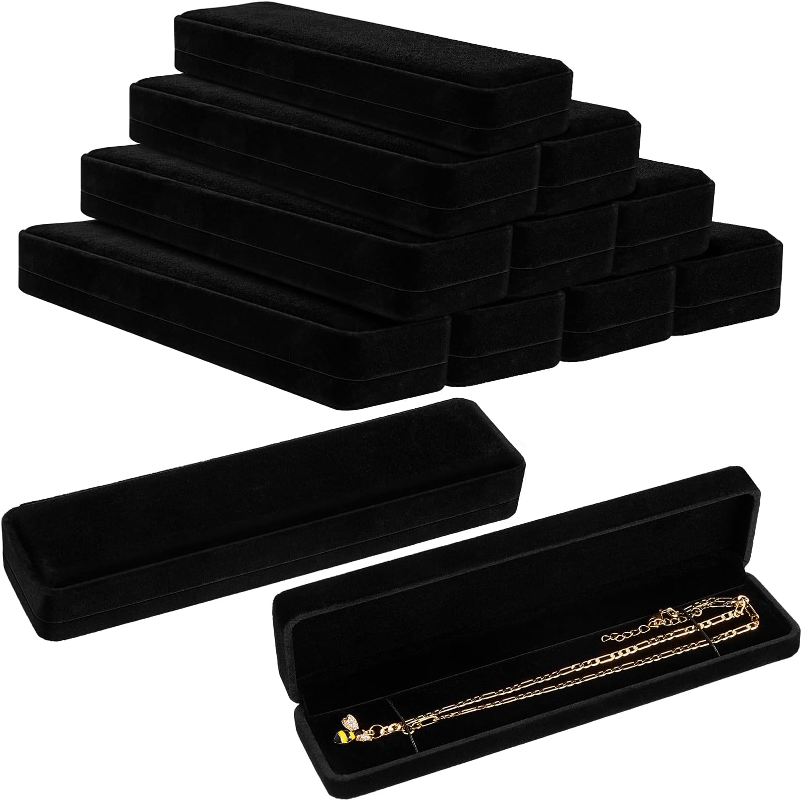 Junkin 12 Pieces Velvet Black Necklace Jewelry Gift Box Rectangle Bracelet Watch Chain Display Case Small Long Travel Jewelry Case for Men Women Wedding Engagement, 8.7 x 2.2 x 1.2 Inch