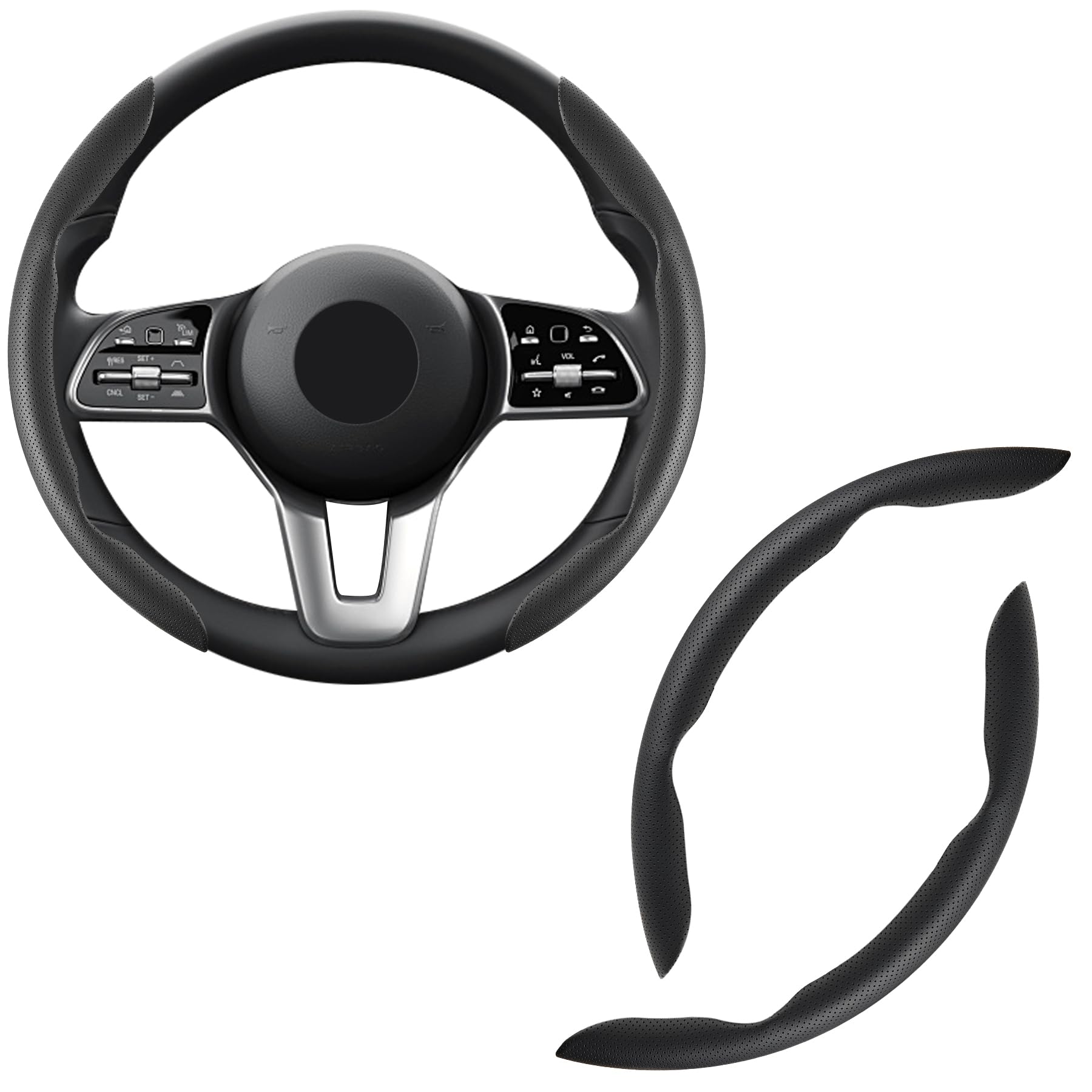 Urehepo 2PCS Car Nappa Leather Steering Wheel Cover, Segmented Steering Wheel Protector, Car Interior Accessories, Non-Slip & Breathability Well, Universal 99% Car Wheel Cover Protector (Black)