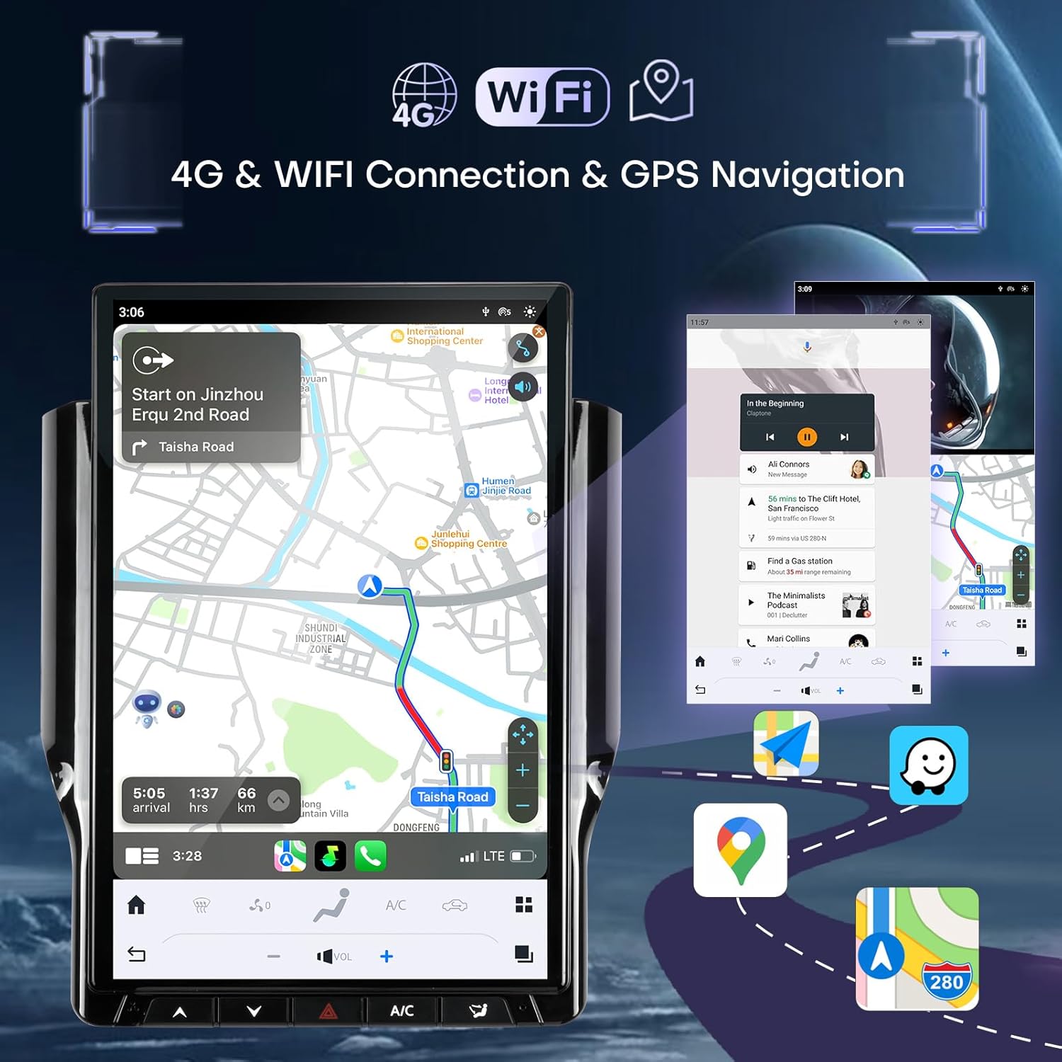 GPS navigation map displayed on the car stereo, showing a route and points of interest