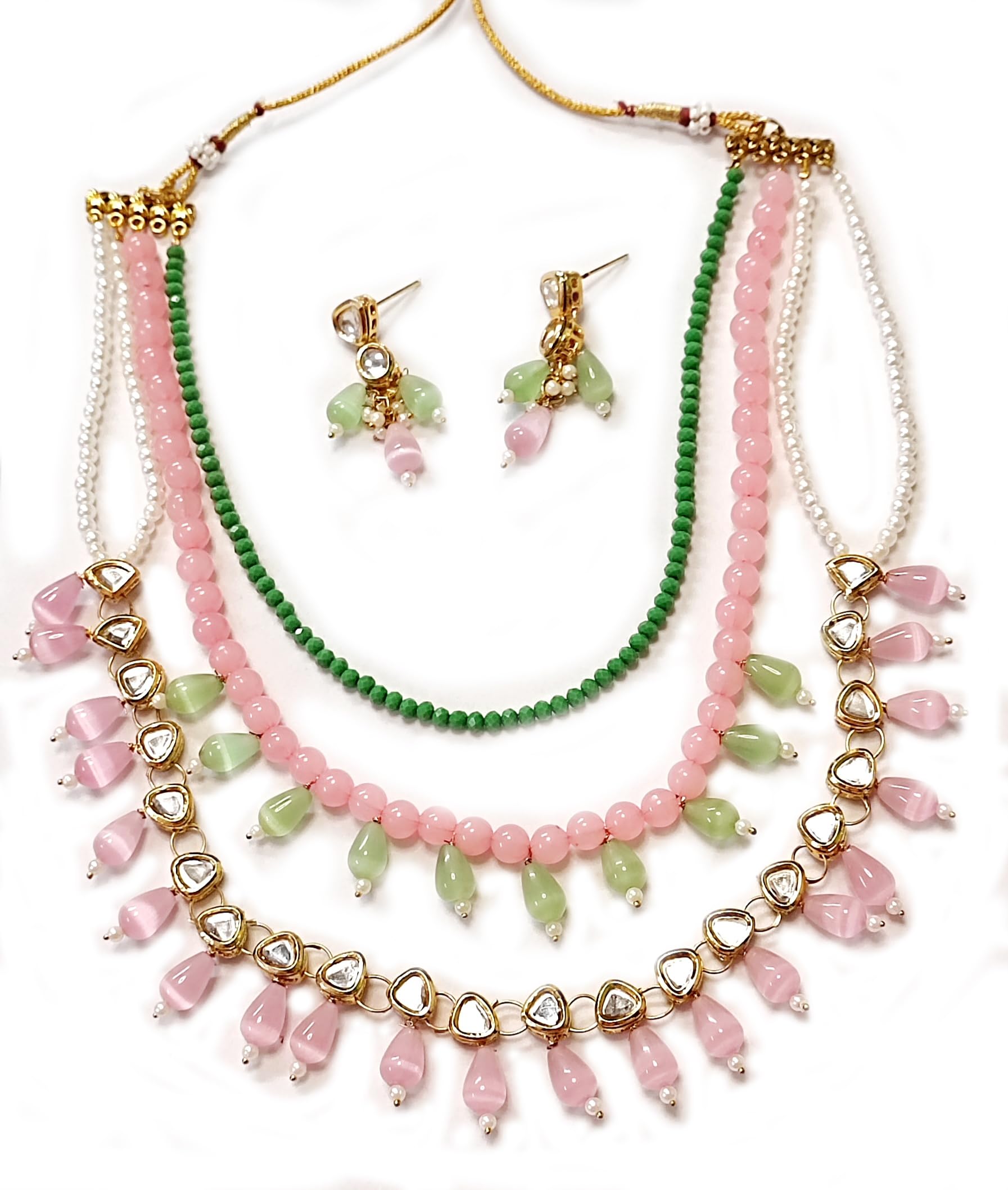 Level up point - LAYERED NECKLACE WITH KUNDAN AND MONALISA BEADS Statement Necklace and Earring For Women and girls design any occasion