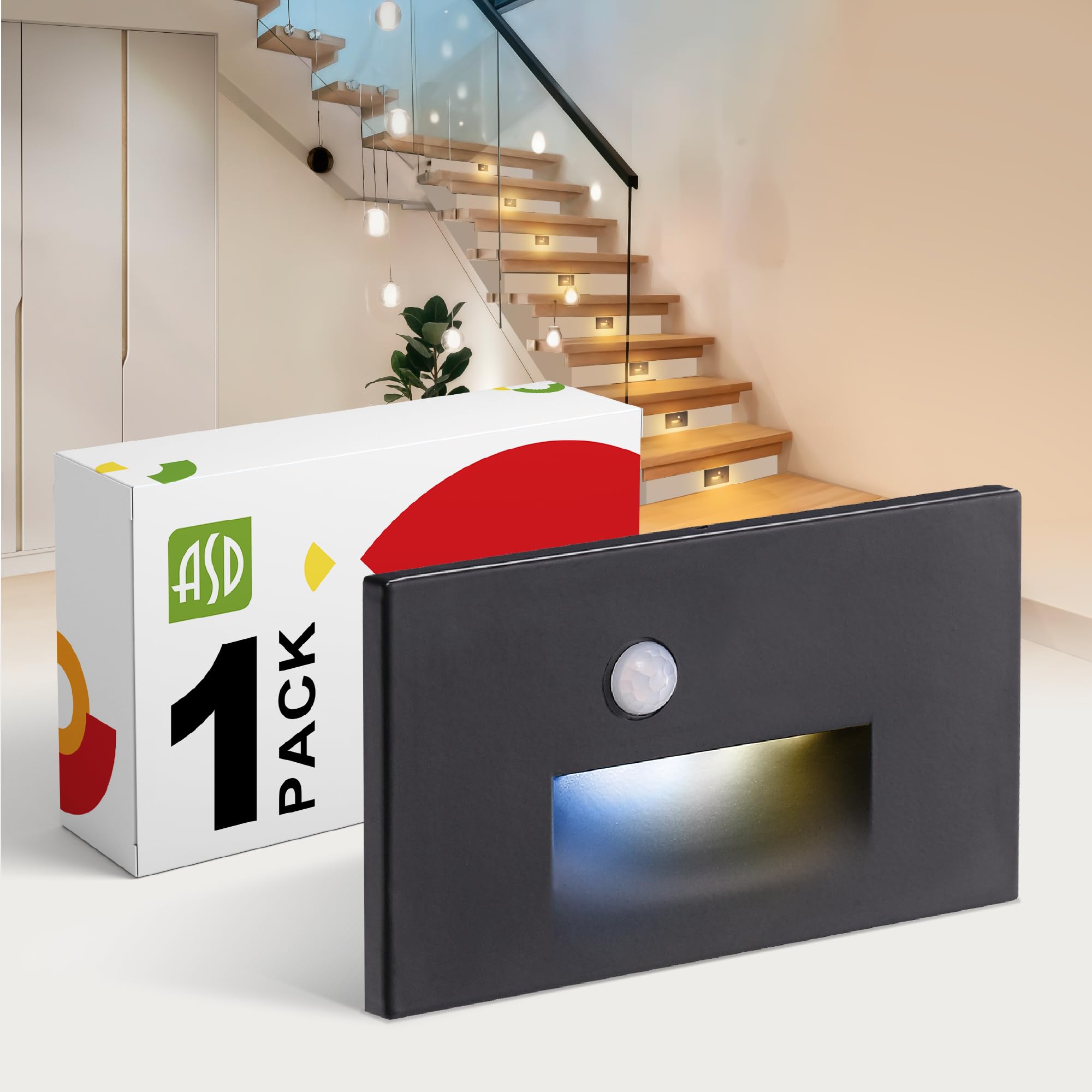 ASD LED Recessed Step Light Fixture, Outdoor &amp; Indoor Stair Tread Lighting | 3CCT, Motion Sensor, Waterproof, ETL Listed | 3W 120LM 3000K-5000K 120V | Staircase Hardwired Illumination | Black