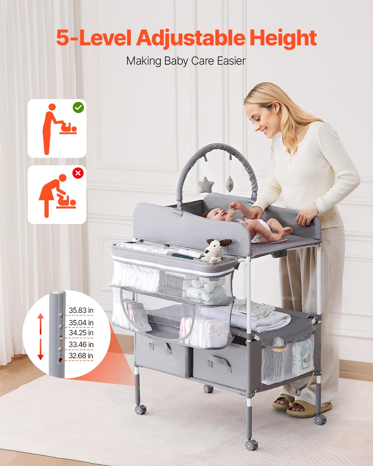 VEVOR Table à langer pour bébé, station à langer pliable avec 2 tiroirs en tissu, panier latéral et tringle, table à langer portable à hauteur réglable avec roulettes verrouillables et 2 jouets en