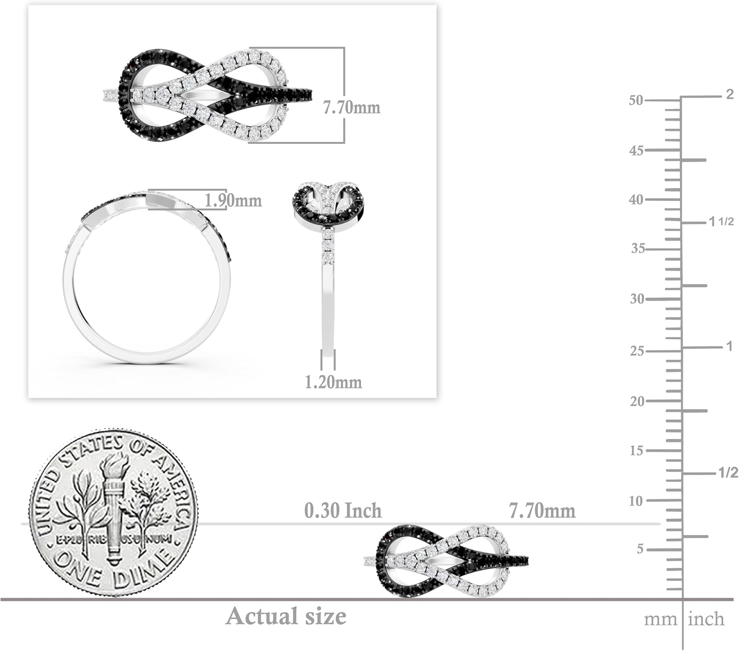 Dazzlingrock Collection 0.35 Ctw Round Black & White Natural Diamond Infinity Right Hand Ring for Women in 925 Sterling Silver - Image 5