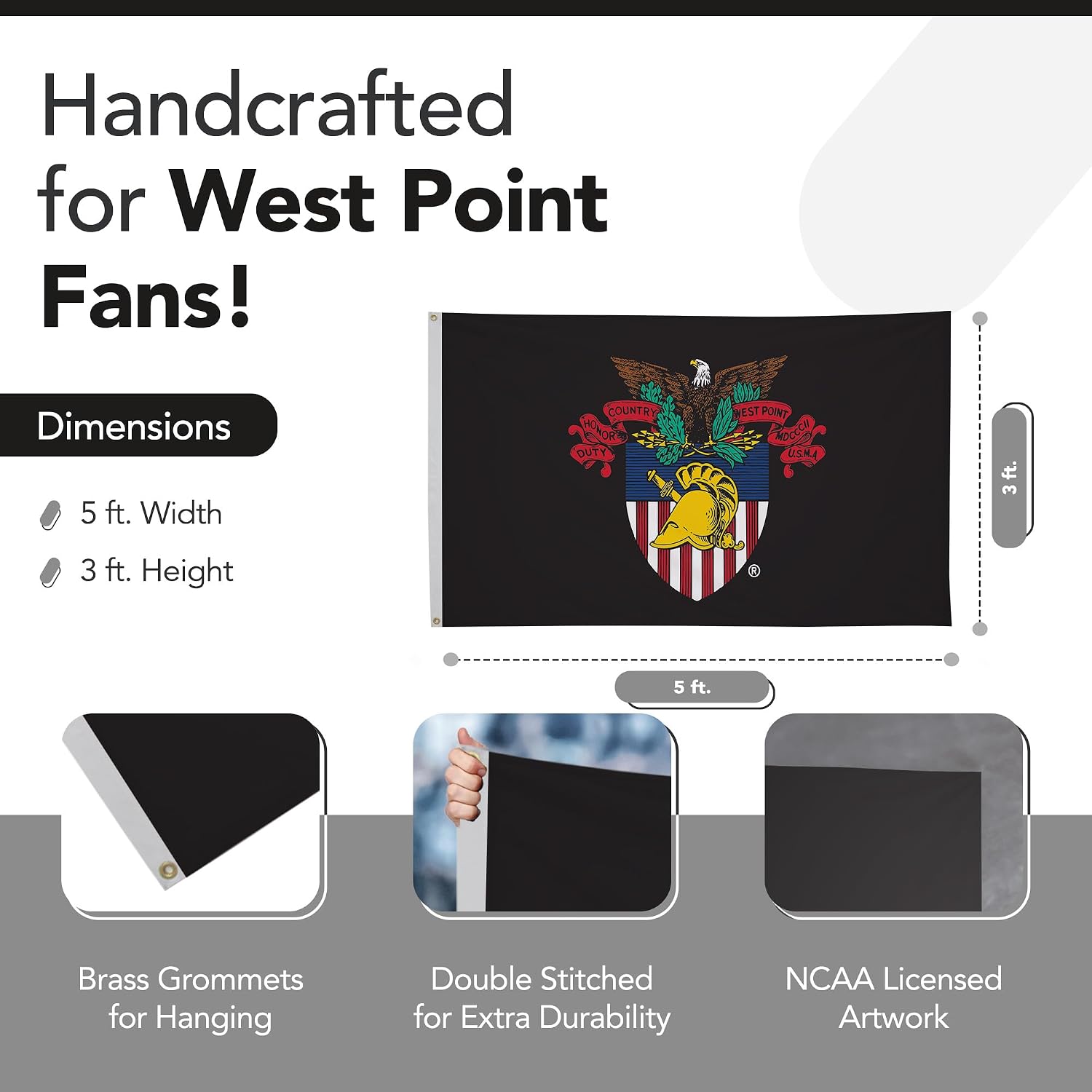 Army West Point Crest College Sports Printed Flag - NCAA Licensed - Nylon - School Banner (Black) (3' x 5')