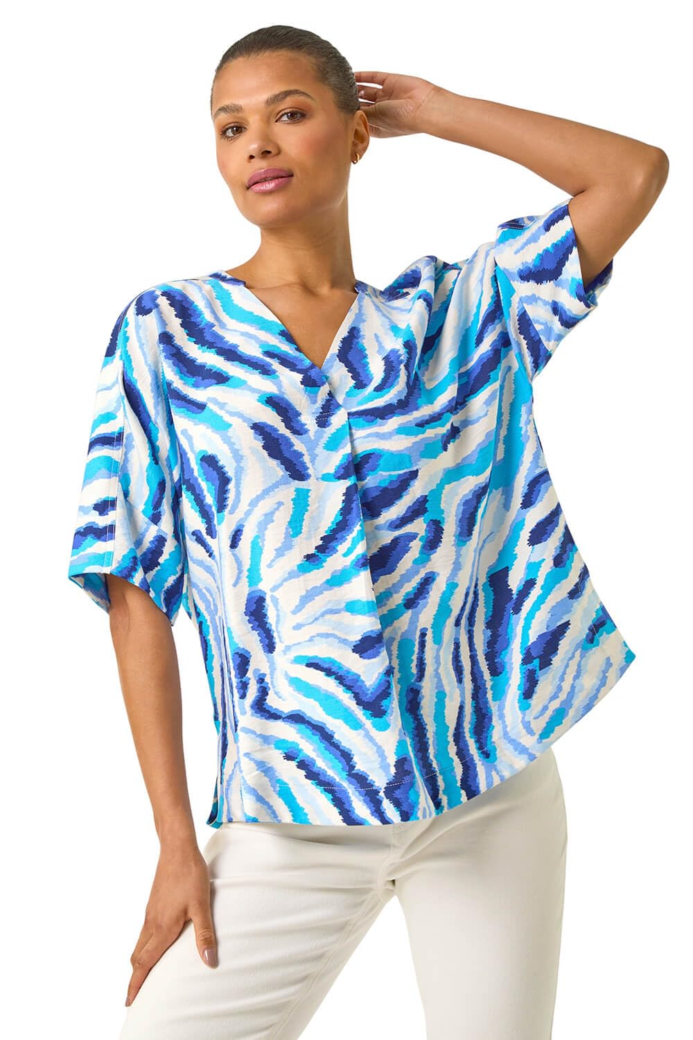 Roman Women's Blue Animal Print Pleated Tunic Top In | : Size 12
