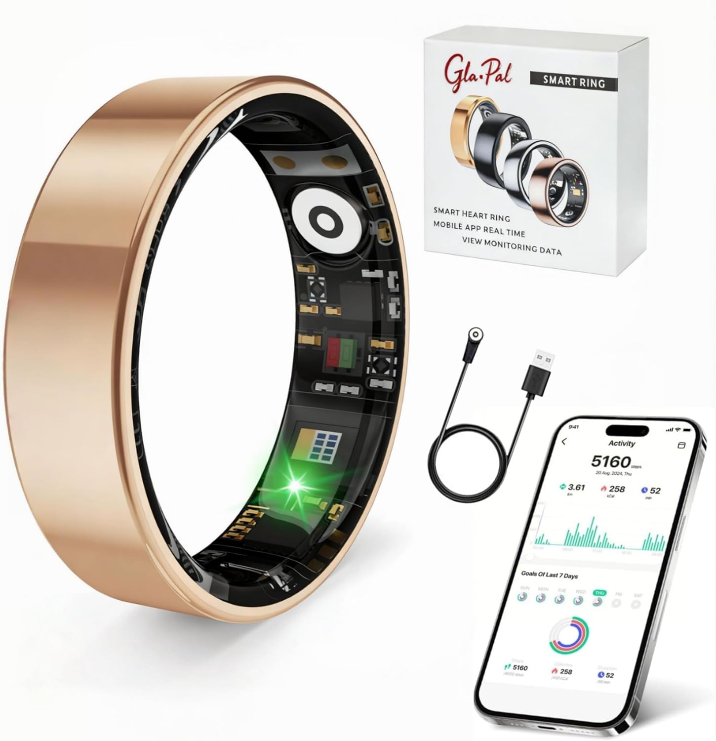 Smart Ring with Stress & Sleep Monitor, Female Health Period Tracker, No Subscription Fee, Comfortable Design for Women & Men (Rose Gold 9)