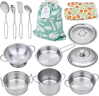 FEROXO Play Pots and Pans Toys for Kids, Kitchen Playset Pretend Play Toys - Pretend Cookware Mini Stainless Steel Cooking Utensils Development Toys for Toddlers, Girls, Boys Ages 3 Years and up