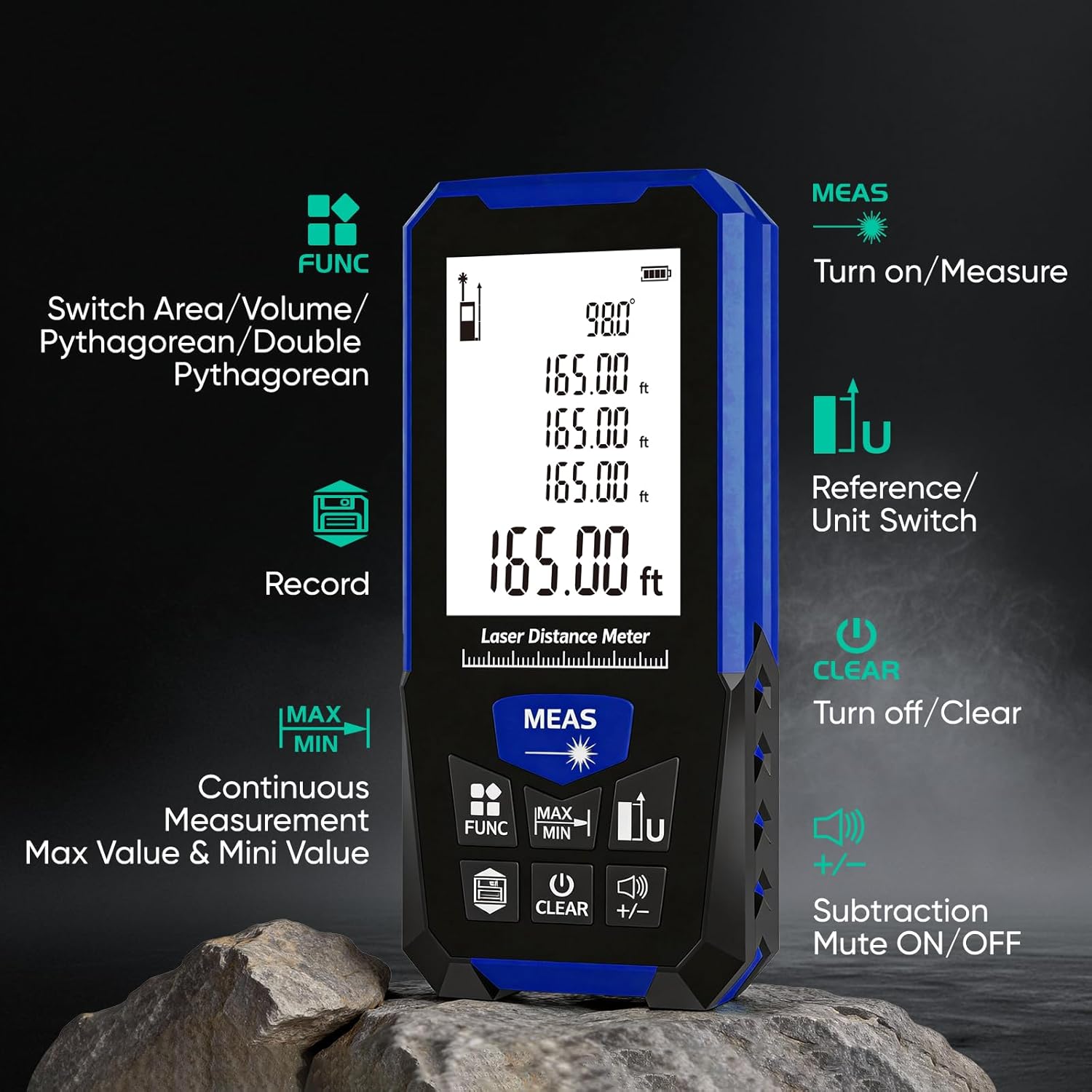 Laser Measuring Tool, Laser Measure for Distance, Area, Volume and Pythagoras Measurement, with Level, Battery Included