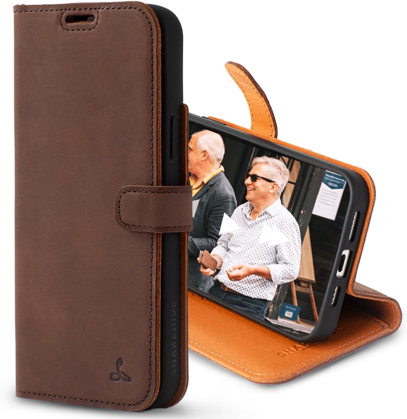 Snakehive Leather Wallet for iPhone 15 Plus - Real Leather Wallet Phone Case - Genuine Leather with Viewing Stand and 3 Card Holder - Flip Folio Cover with Card Slot (Brown)