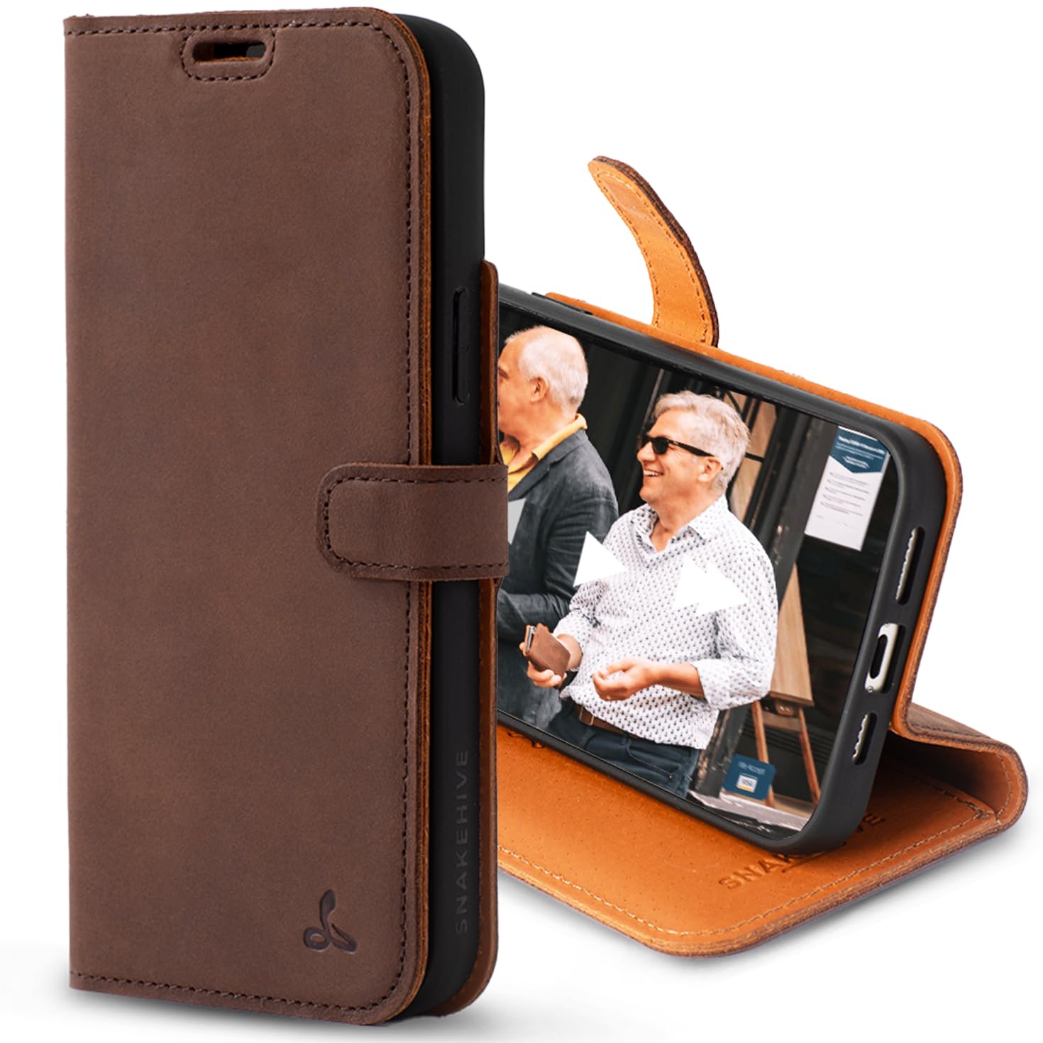 Snakehive Leather Wallet for iPhone 15 Plus - Real Leather Wallet Phone Case - Genuine Leather with Viewing Stand and 3 Card Holder - Flip Folio Cover with Card Slot (Brown)