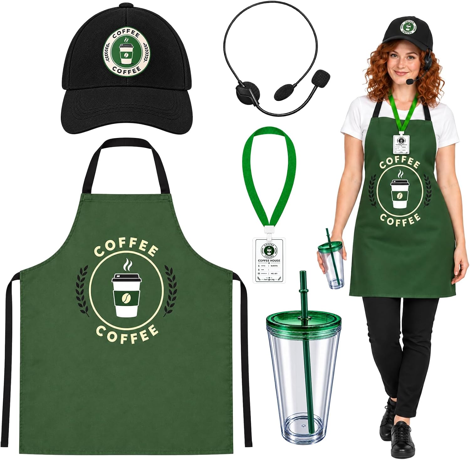 Halloween Coffee Clerk Costume Accessories Apron Hat Headset Badge Cup