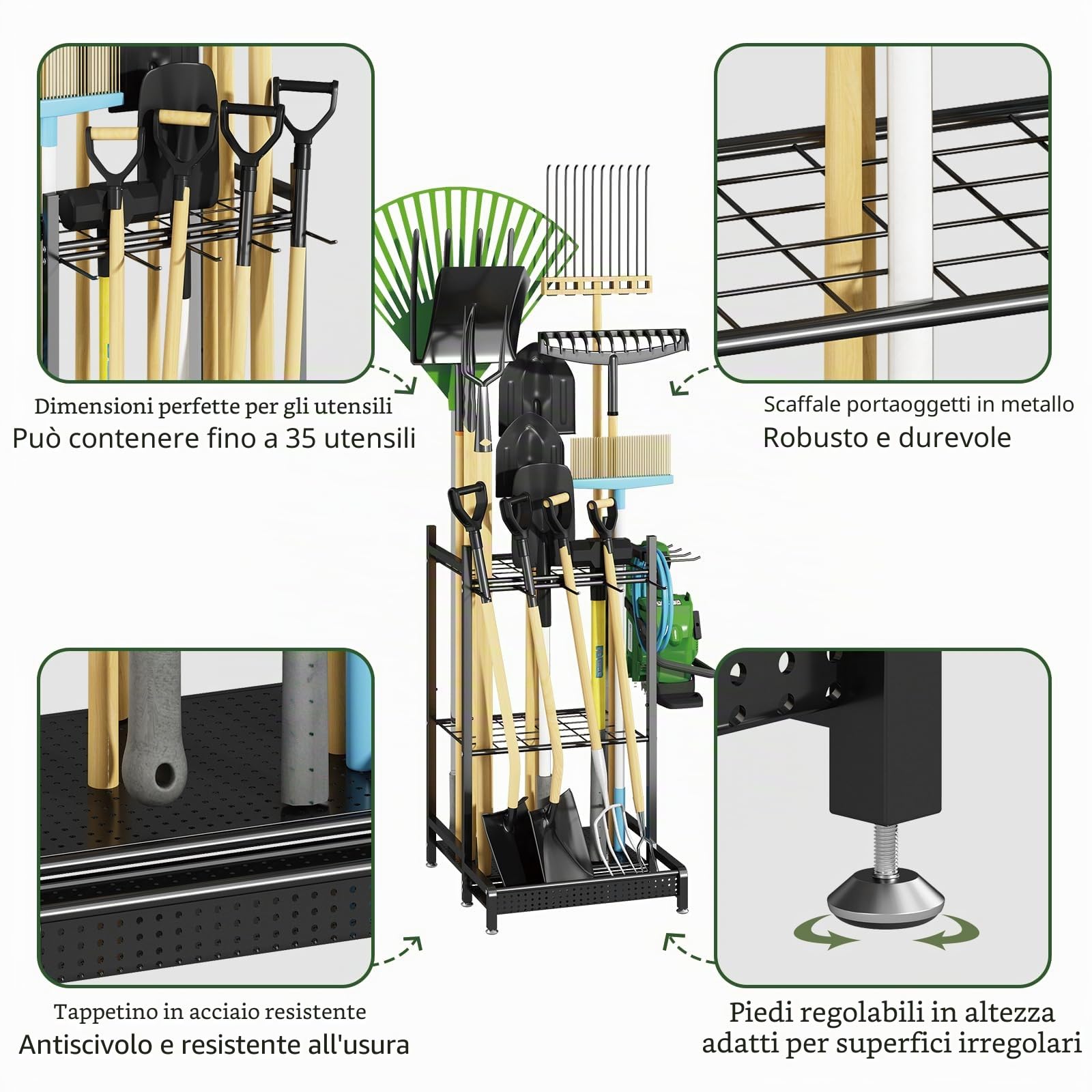GILLAS Organizer per attrezzi da giardino per garage, rack portaoggetti con ganci, in metallo, per manici lunghi, scope, pala, rastrello, robusto rack pesante per esterni, cortile, nero