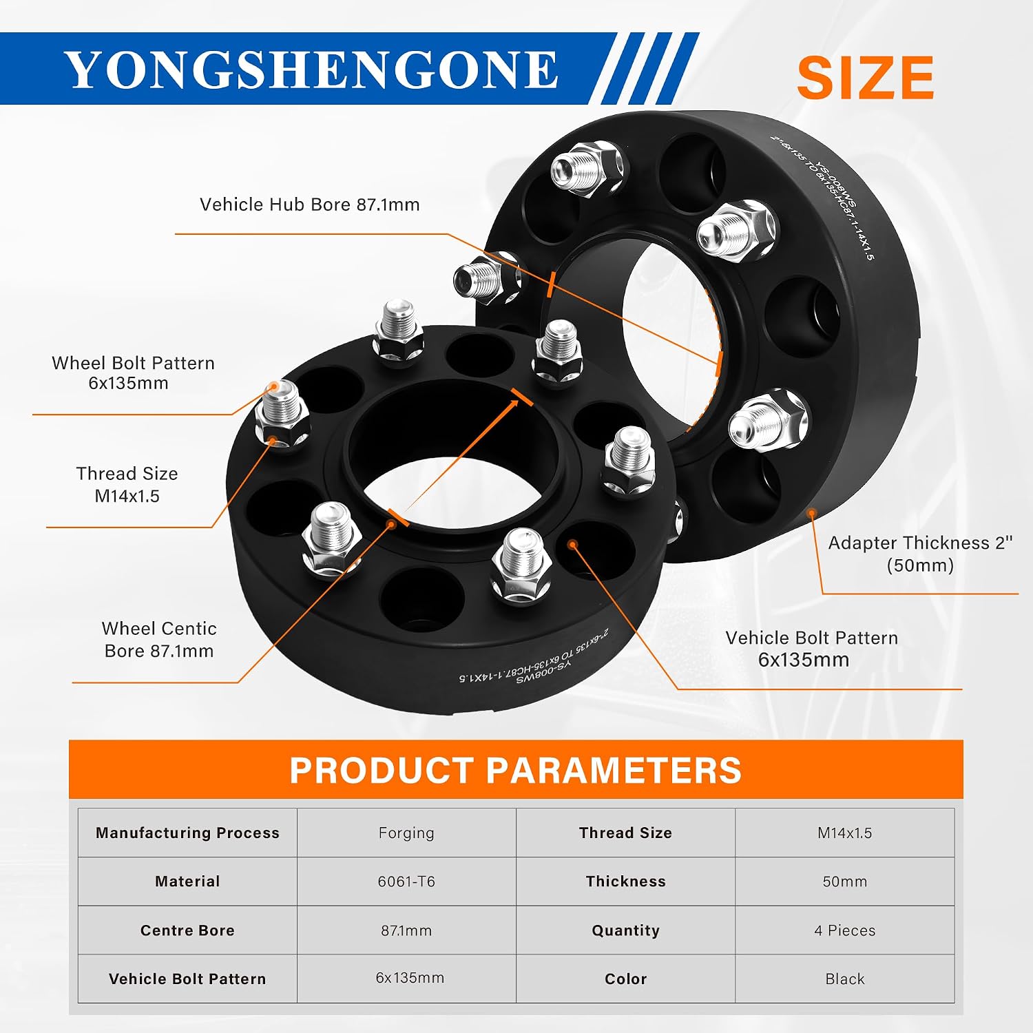 6x135 Wheel Spacers 2 inch Compatible with 2015-2024 F150, M14x1.5 Thread 87.1mm Center Bore 2" (50mm) Thick 6 Lug Hub-Centric Wheel Adapters for 2015-2024 F150 Expedition Navigator, 4Pcs