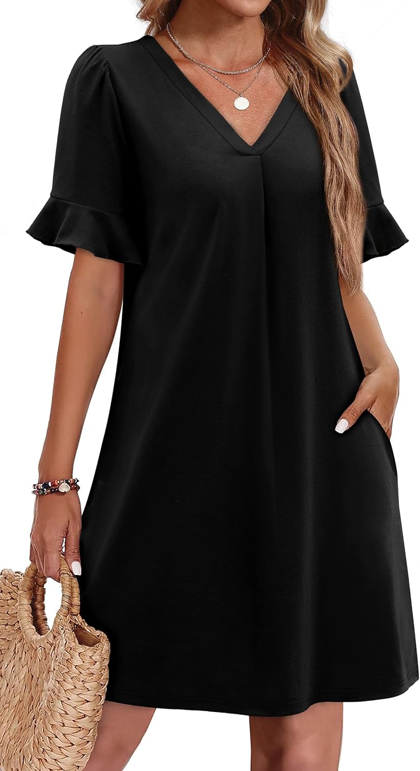 Summer dress for women with ruffle sleeves Vneck and pockets