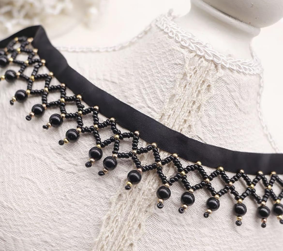 2 Yard Black Gold Silk Tassel Fringe Trim Beads Lace Trim Embroidery Lace Fabric for Sewing Clothing, Curtains, Table Lamps, Sofas DIY (Black Gold)
