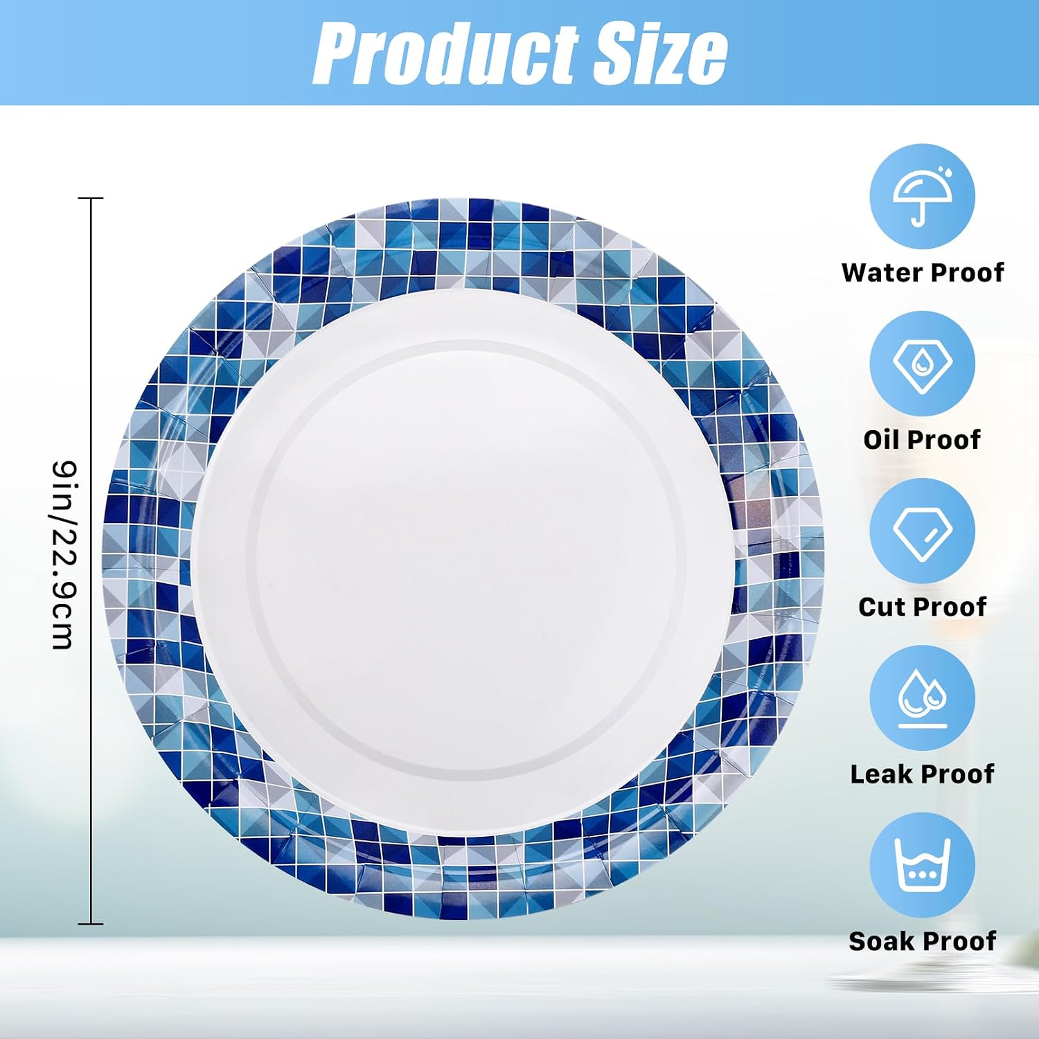100 Pack Disposable Paper Plates, 9 Inch Heavy Duty Disposable Plate, Dinner Plate for Party, Round Paper Plates for Everyday Use, Soak Proof, Cut Proof, Blue Printed