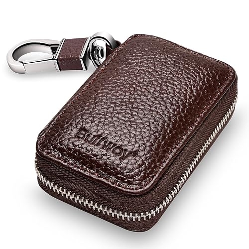 Buffway Car Key Holder,Genuine Leather Car Keychain Coin Case Metal Hook and Keyring Wallet Zipper Case for Auto Remote Key Fob - Coffee