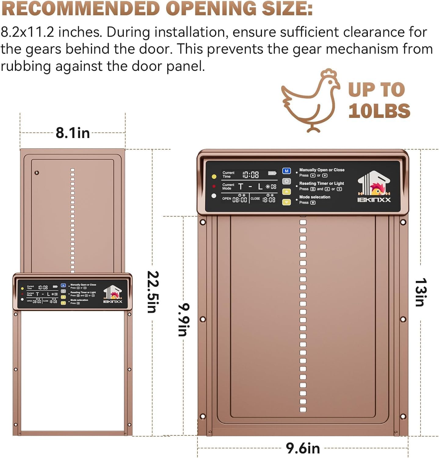 IBKINXX Automatic Chicken Coop Door Solar Powered, LCD Display with Timer & Light Sensor, 4 Modes Anti-Pinch & Weather Proof with Remote Control, Gold Door for Chickens, Ducks, Geese, Rabbits