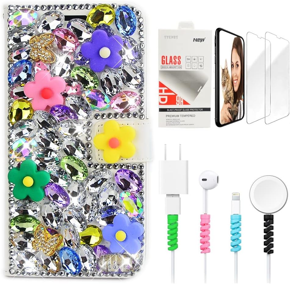 STENES Bling Wallet Phone Case Compatible with Moto G Pure Case - Stylish - 3D Handmade Flower Leaf Butterfly Music Glitter Leather Cover with Screen Protector & Cable Protector - White