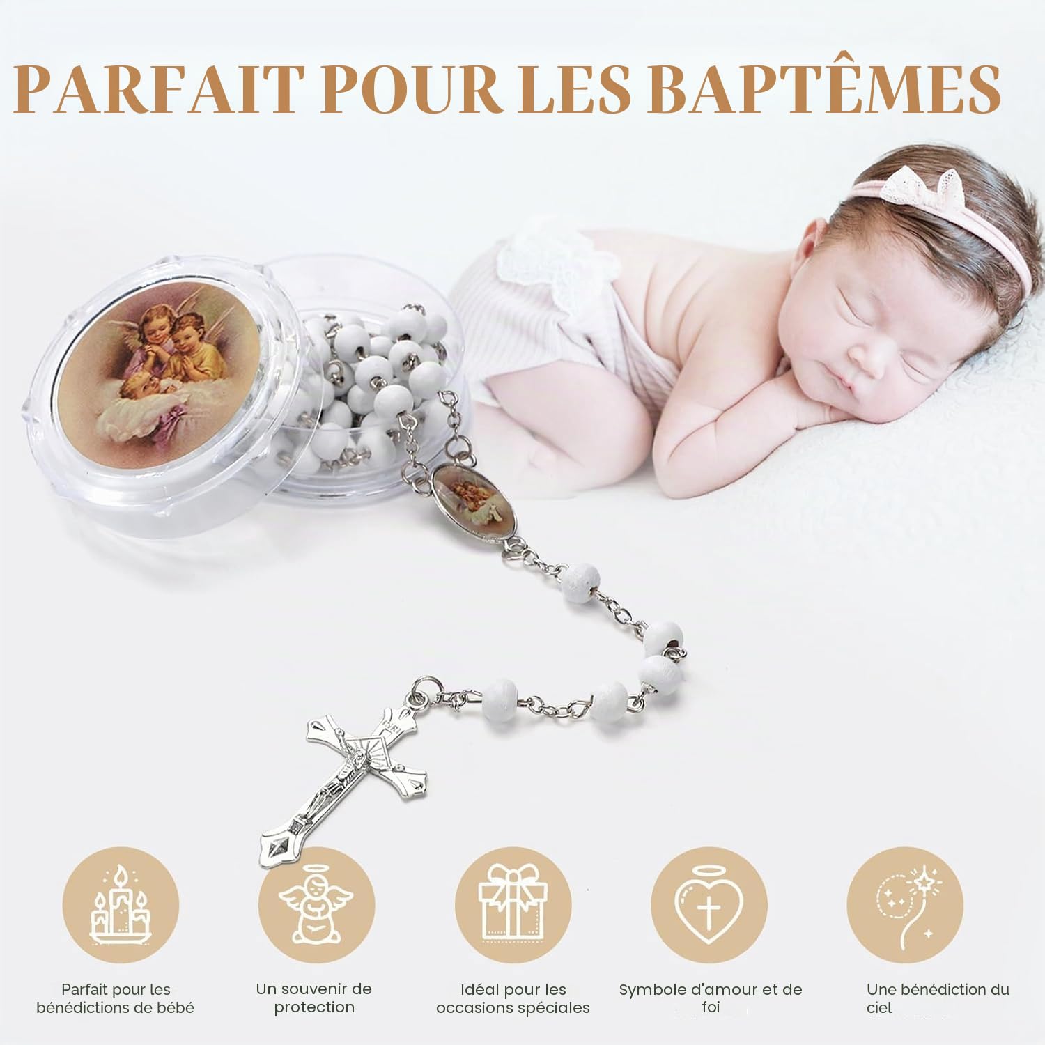 24 Pièces Chapelet Baptême avec Boîte Transparente, Cadeau Baptême Invité Fille et Garçon, Collier Chapelet Catholique avec Parfum de Bois, Décoration de Communion, Mariage