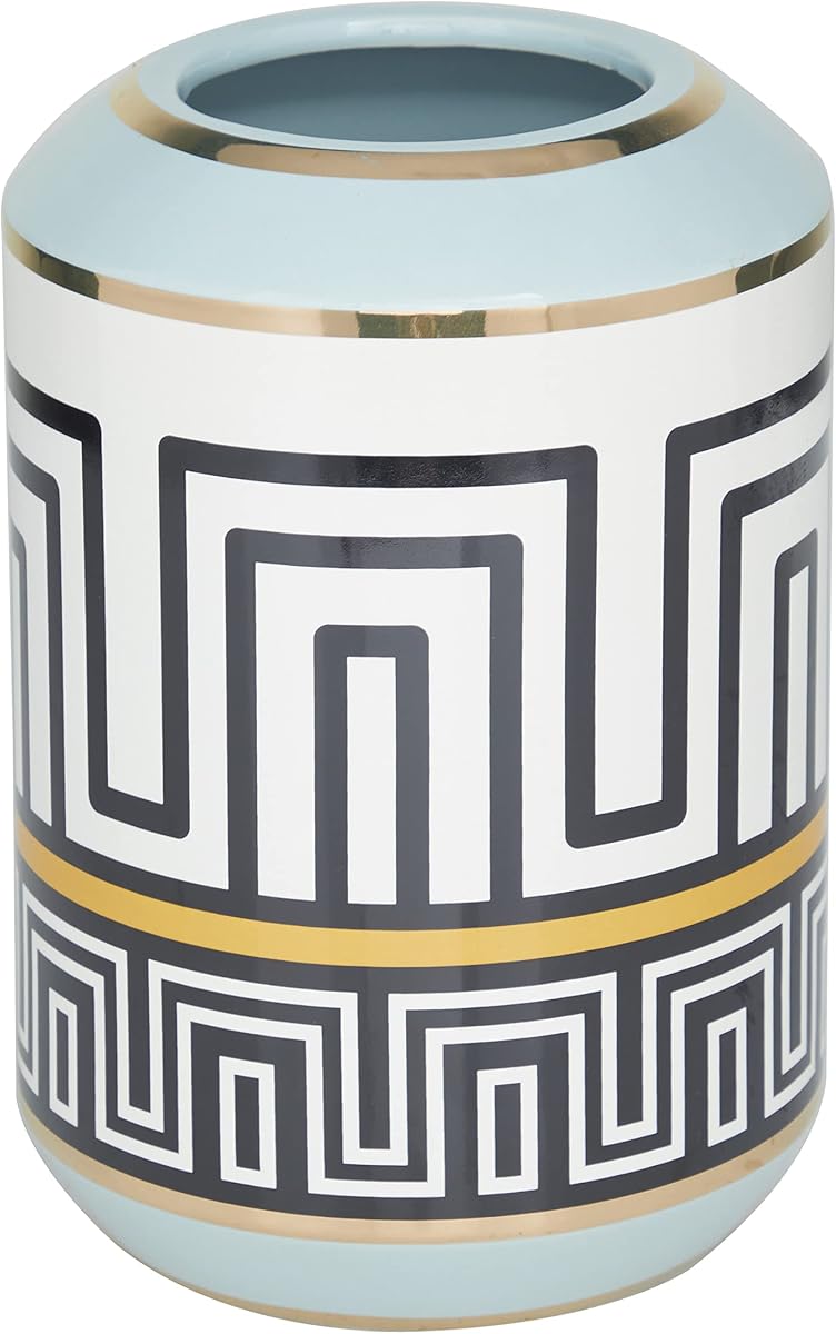 Deco 79 Ceramic Decorative Vase Centerpiece Vase with Greek Knot Pattern, Flower Vase for Home Decoration 6" x 6" x 9", Teal