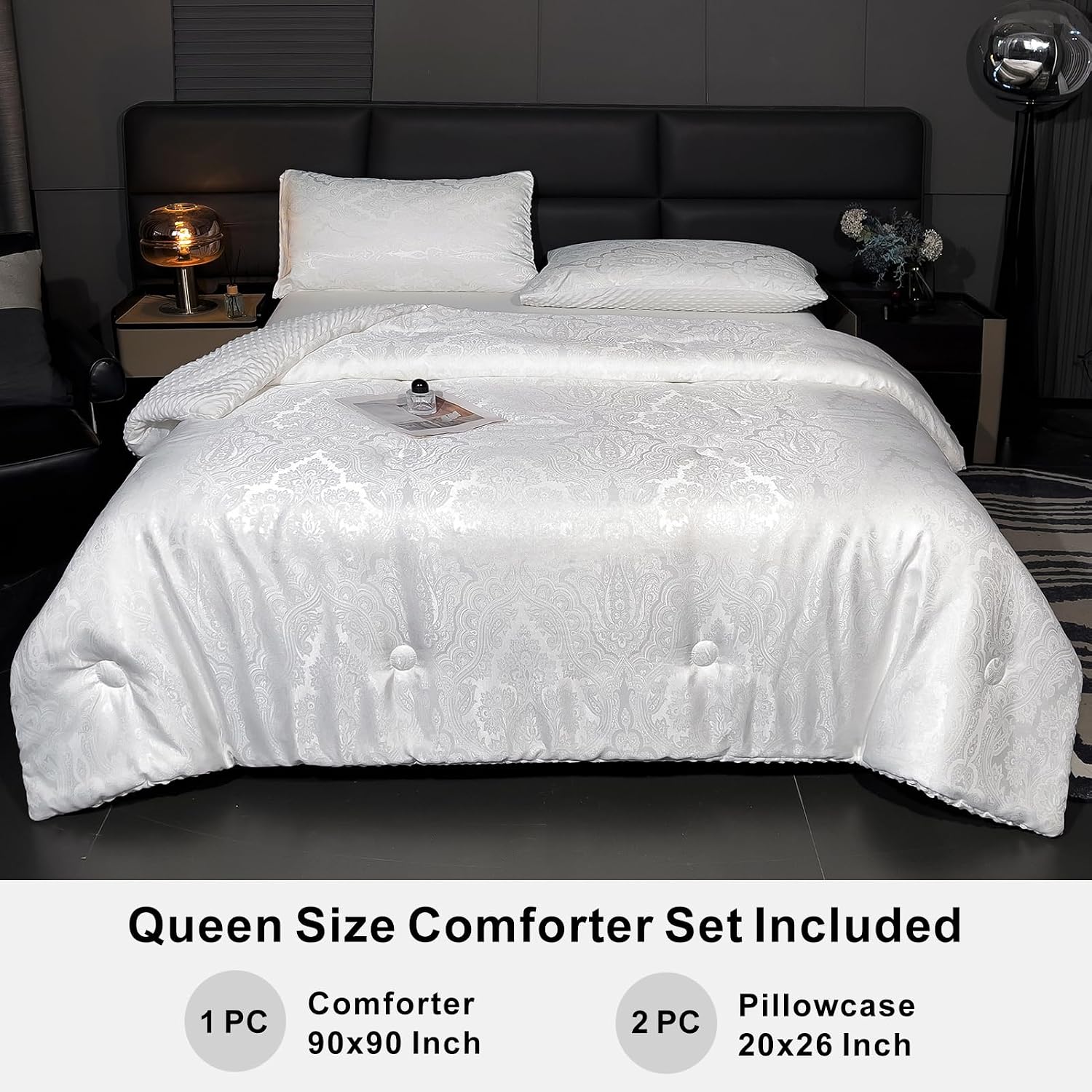 tohrisa Jacquard Comforter Set - Luxury Warm Paisley Floral Pattern Queen Size Bedding with 2 Pillowcases All-Season Soft & Lightweight 3D Bubble Design Bed Set (90x90 Inches White)