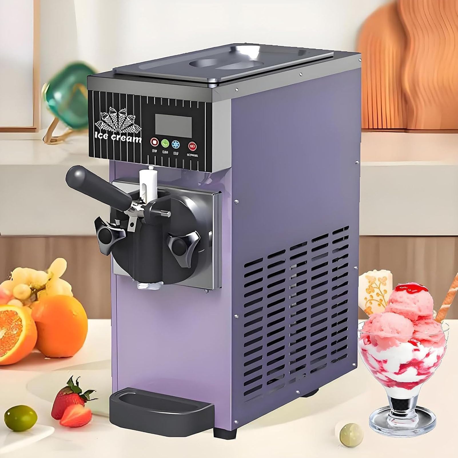 PioMue Single Flavor Commercial Ice Cream Machine, Commercial Soft Serve Ice Cream Maker, LCD Panel Auto Clean, Countertop Dessert Maker for Restaurants and Shops​ PhantomPurple