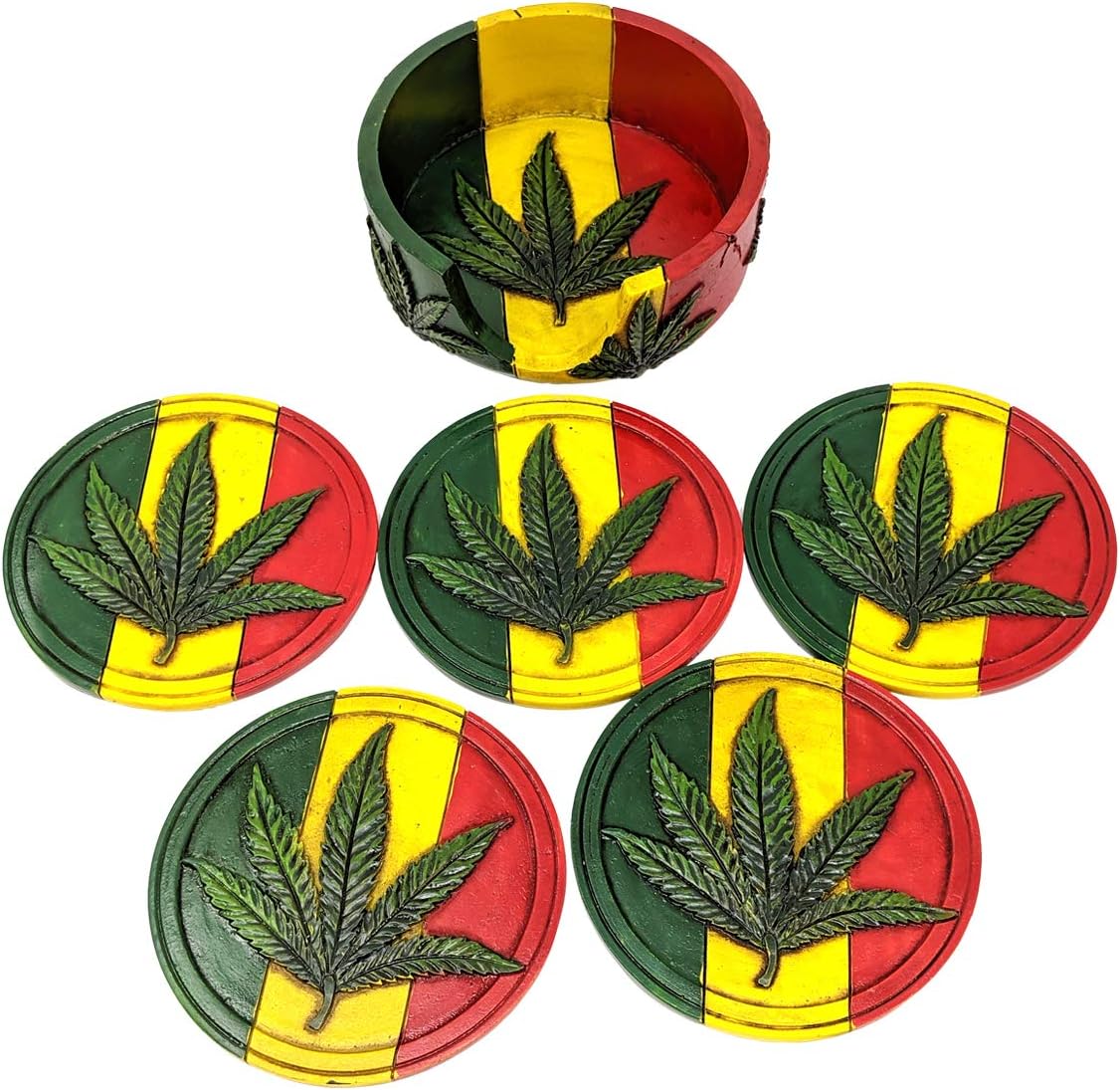 Rasta Coasters Set for Drinks - Jamaican Modern Coaster Set Cool Housewarming Gifts Decorations for Home - Coasters with Holder Wine Bar Accessories and Decor - Rastafarian Art
