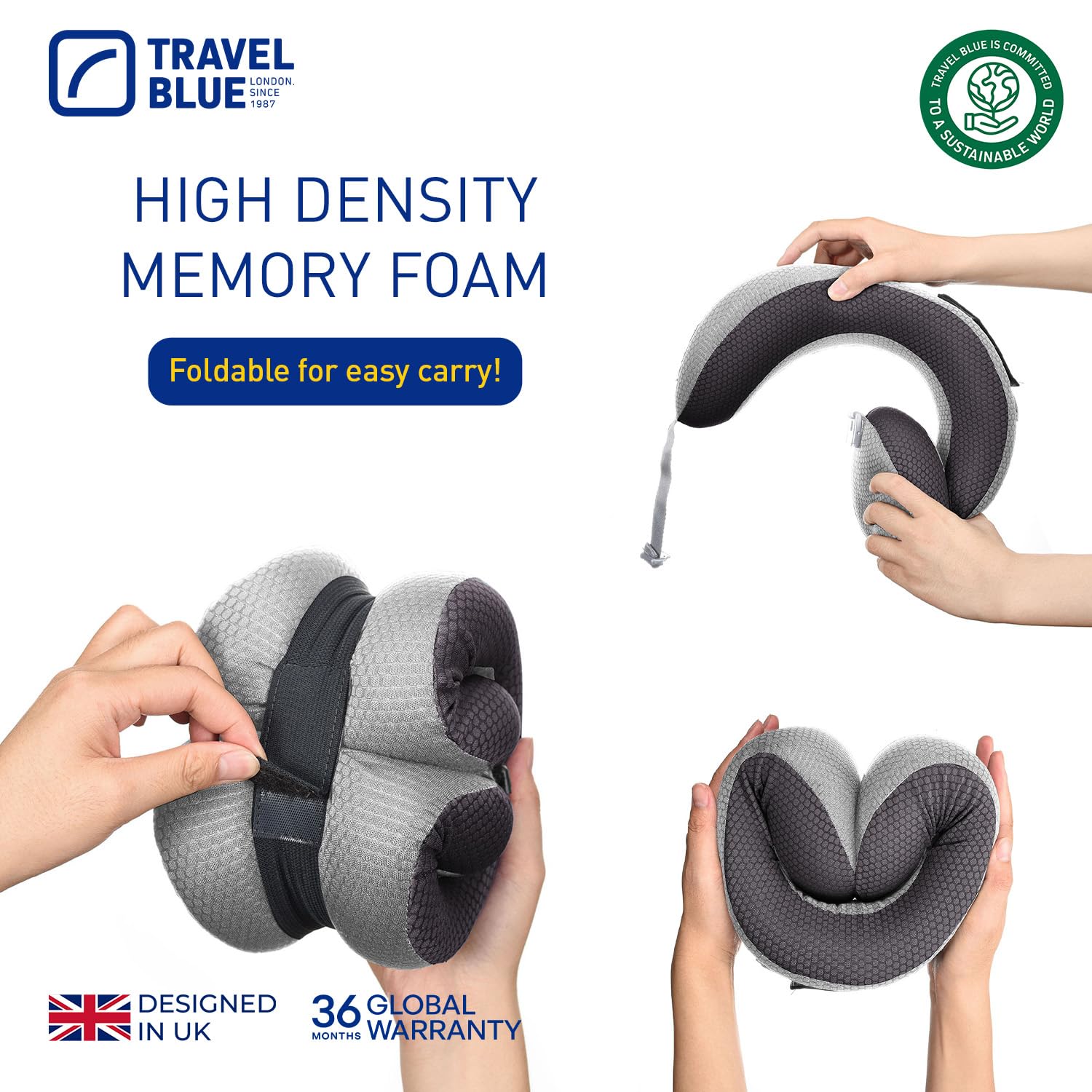 Travel Blue Dreamer Cojín cervical de avión – Almohada de espuma viscoelástica para viajes, cojín de viaje en avión con material de malla transpirable, funda extraíble, gran comodidad y apoyo (gris)