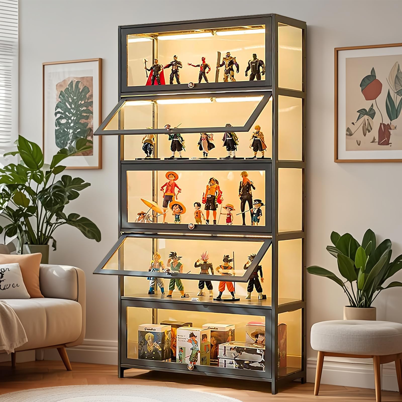 Scribora 5-Tier Display Cabinet with Acrylic Glass, Tall Freestanding Storage Unit for Collectibles, Modern Shelving for Living Room Office Bedroom Hallway