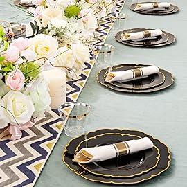 Morejoy 175PCS Black Gold Plastic Plates, Black Plate with Rolled Napkins: 50 Plates, 25 Spoons, 25 Forks, 25 Knives, 25 Cups for Wedding & Party & Birthday & New Year & Halloween