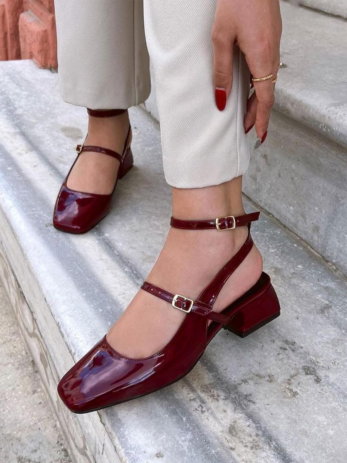 Coutgo Womens Mary Jane Chunky Low Heels Closed Square Toe Ankle Strap Pumps Wedding Party Dress Shoes - Image 2