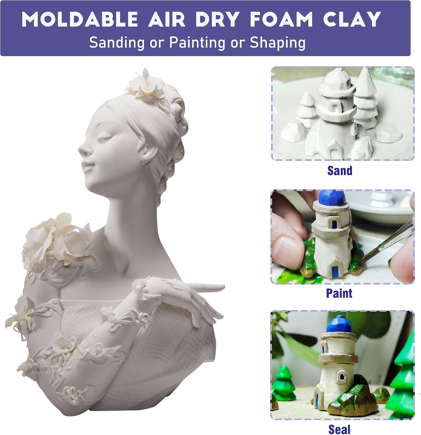 SELEAD Foam Clay White 500g - Moldable Air Dry Ultra-Light Modeling Clays for Adult Cosplay, Sculpting, Arts & Crafts - with 80g Colored Clay