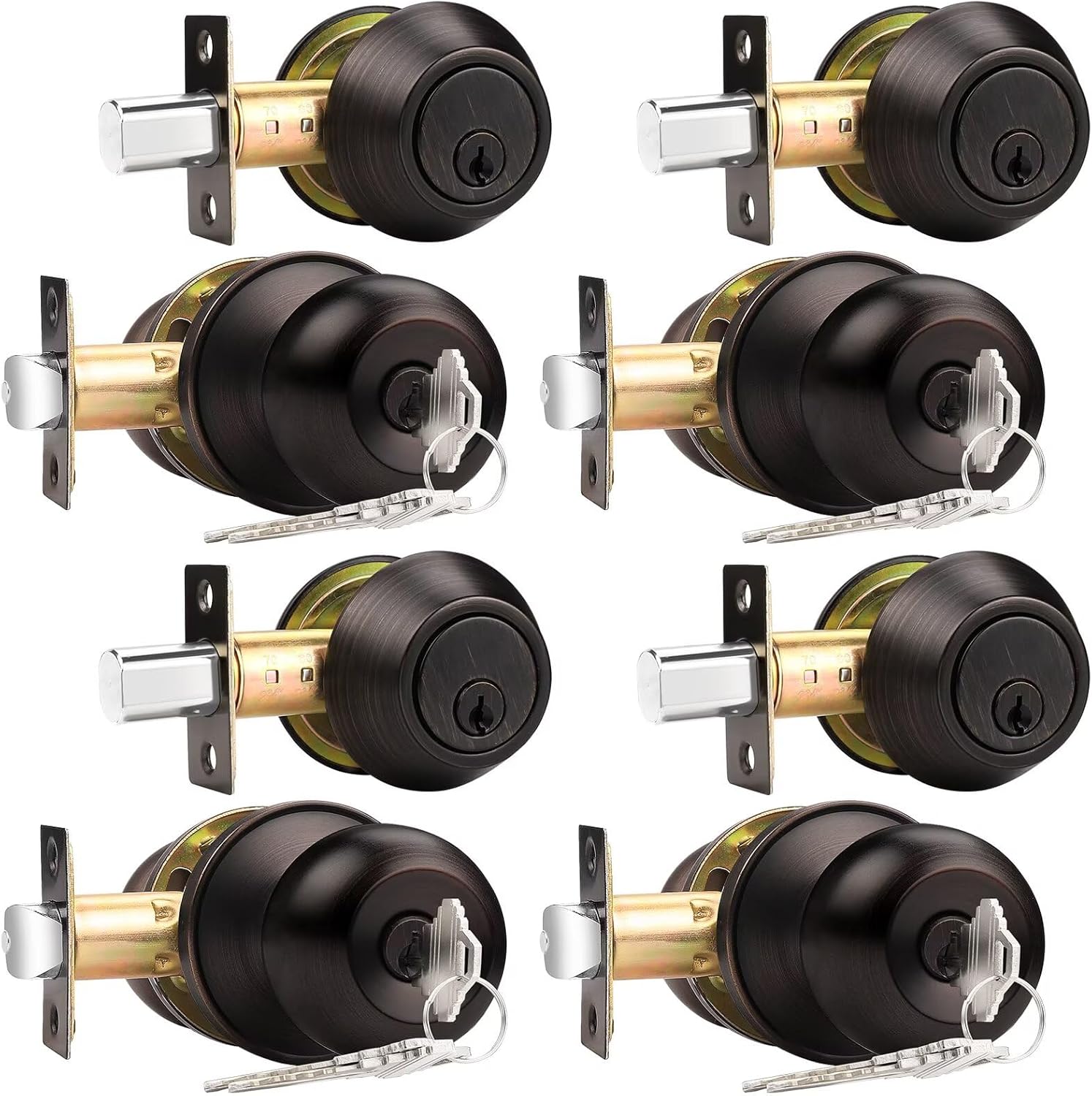 Probrico 4 Sets-Oil Rubbed Bronze Entry Door Knobs with Double Cylinder Deadbolts Combo Pack, Keyed Alike Handlesets for Front and Entrance Door, Interior and Exterior Door Hardware,Contractor Pack