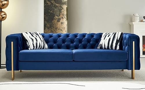 Miniatura 10 de Sofá moderno para sala de estar, sofá tapizado de terciopelo de 84 pulgadas con botones y 2 almohadas y patas de metal, muebles decorativos para