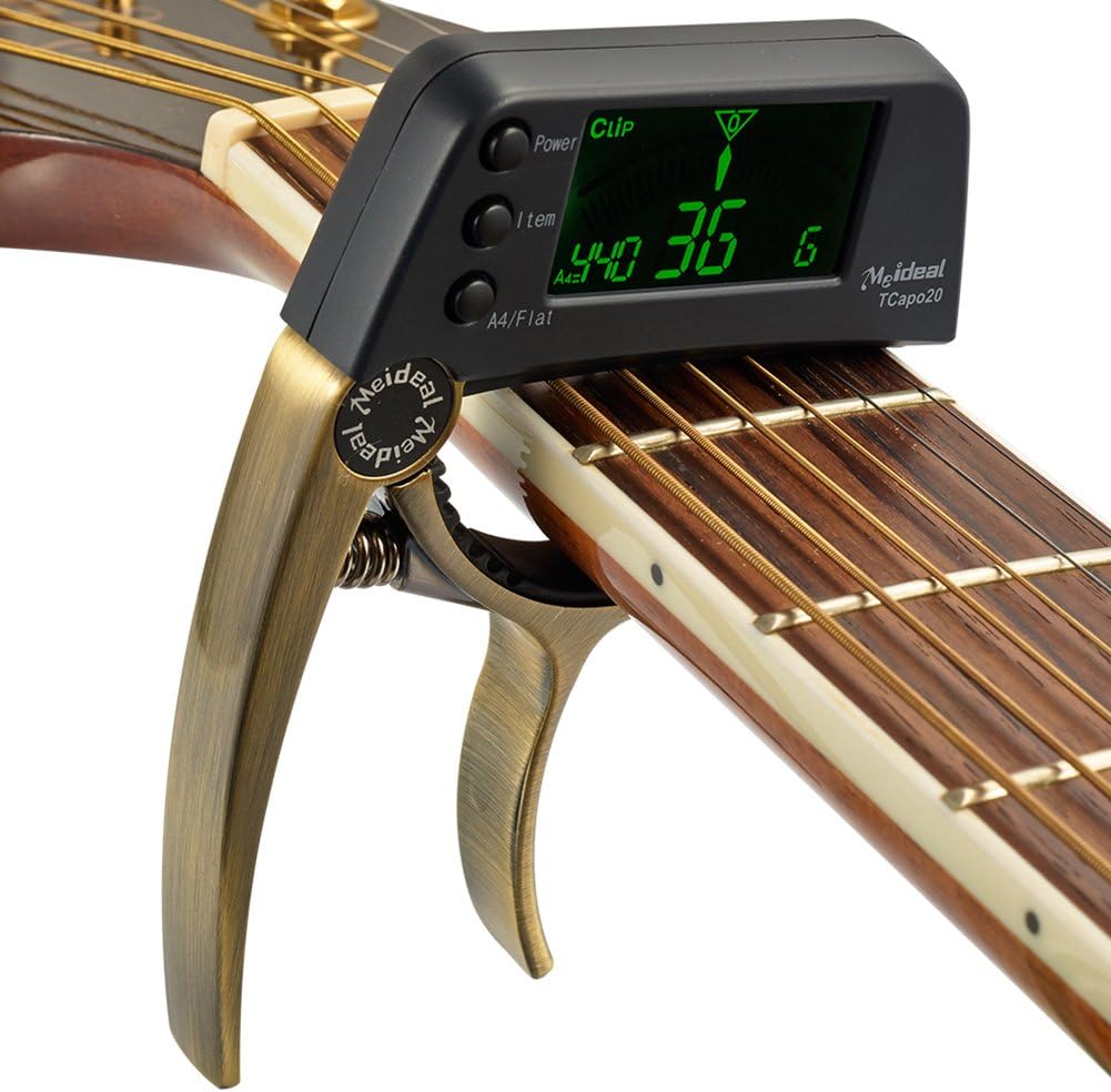 Guitar Tuner Capo, 2 in 1 Clip-on Electric Guitar Capo Tuner with LCD Screen, Professional Accurate Guitar Capo Tuner Quick Change Key for Acoustic Folk Guitar Banjo Ukulele Classical Guitar (Bronze)