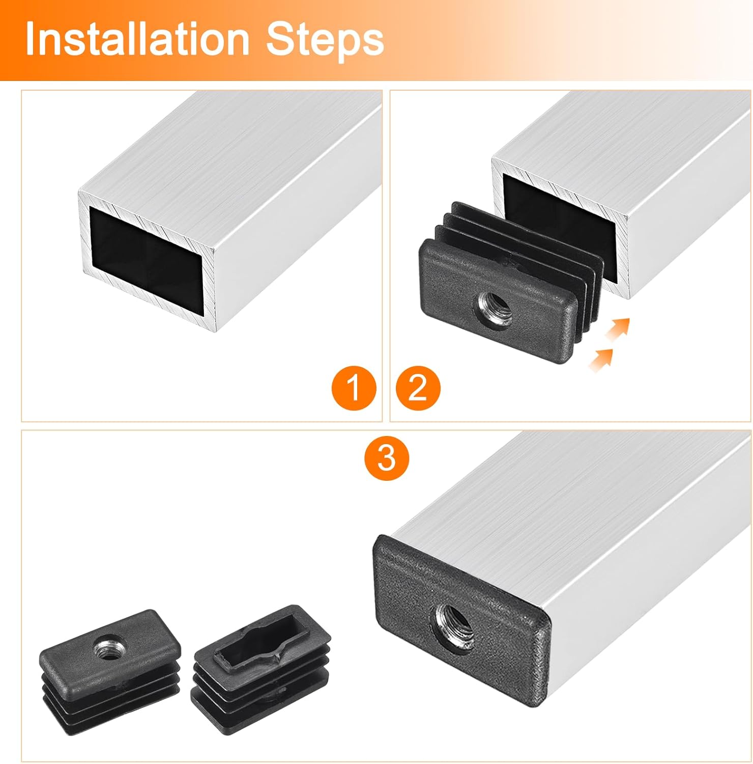 6Pcs Inserts for Square Tubes with M6 Thread, for 1.18"x0.59" OD Square Tube, Black Plastic Plug Caster Insert Chair End Caps Furniture Leg Plug