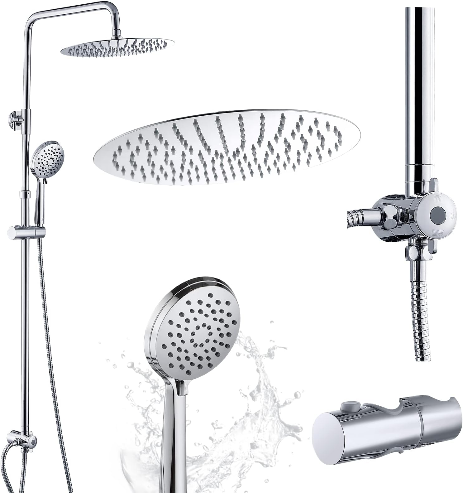 HOMELODYShower Column without Tap 3 Jet Types Multifunctional Circular Shower Set with Adjustable Bar 900-1250 mm Stainless Brass Shower Set for Bathroom