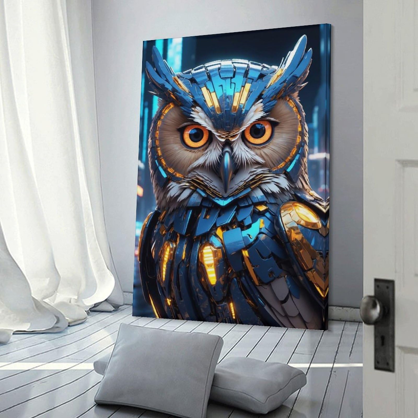 Junmoney Decorative Canvas Print Cyberpunk Owl Portrait, 24x36inch(60x90cm), for Home Office, Desk Area Or Studio, Home Office Artwork with Decorative Appeal