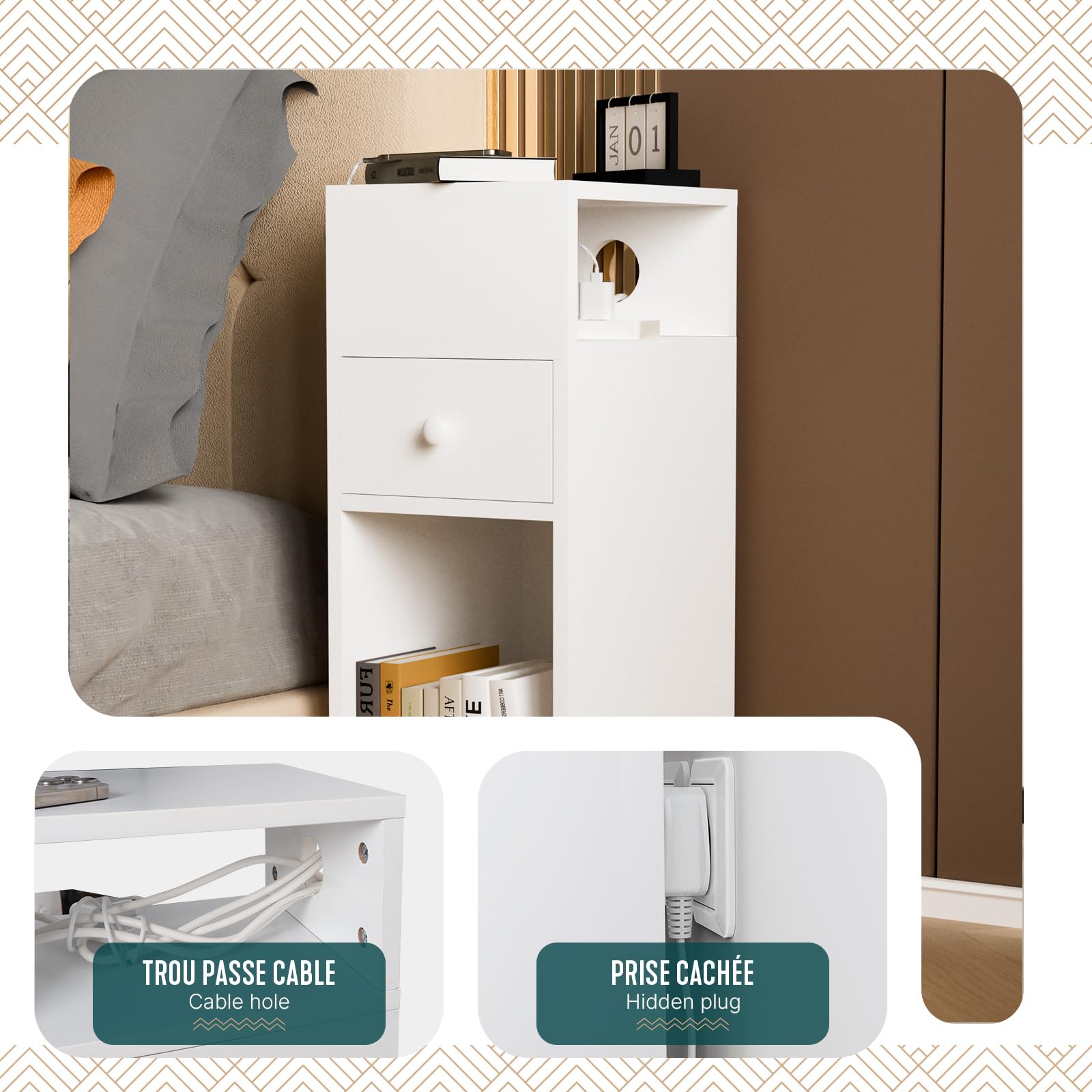 Set di 2 comodini sospesi - Comodino con un cassetto e un ripiano aperto - per camera da