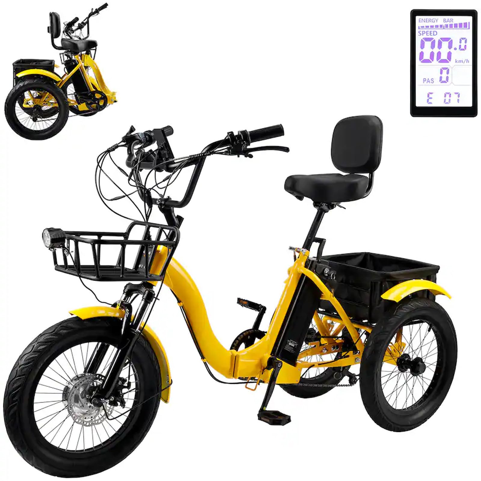 BuilfutenM Foldable Pedal Tricycle Adult Bike Fat Tyre with Cargo Basket Easy Climbing Load Capacitay Fat Tire for Adults,Comfortable Rides 18Inch-Yellow