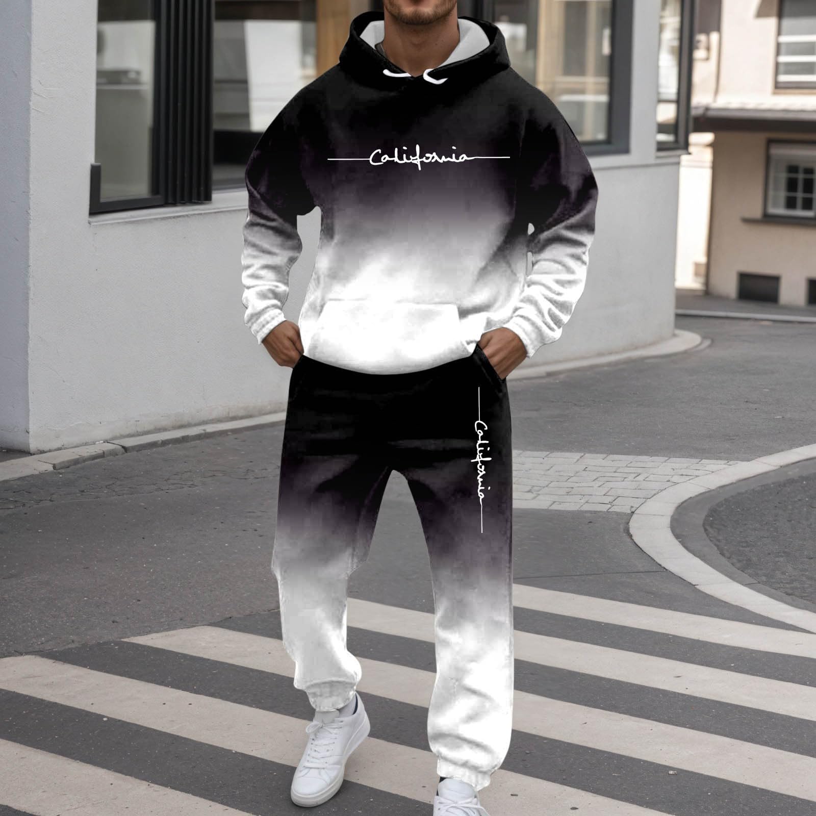 Generisch Chándal holgado para hombre, conjunto de chándal con bolsillos, traje de casa, traje de manga larga, traje deportivo, sudadera con capucha y pantalones de chándal