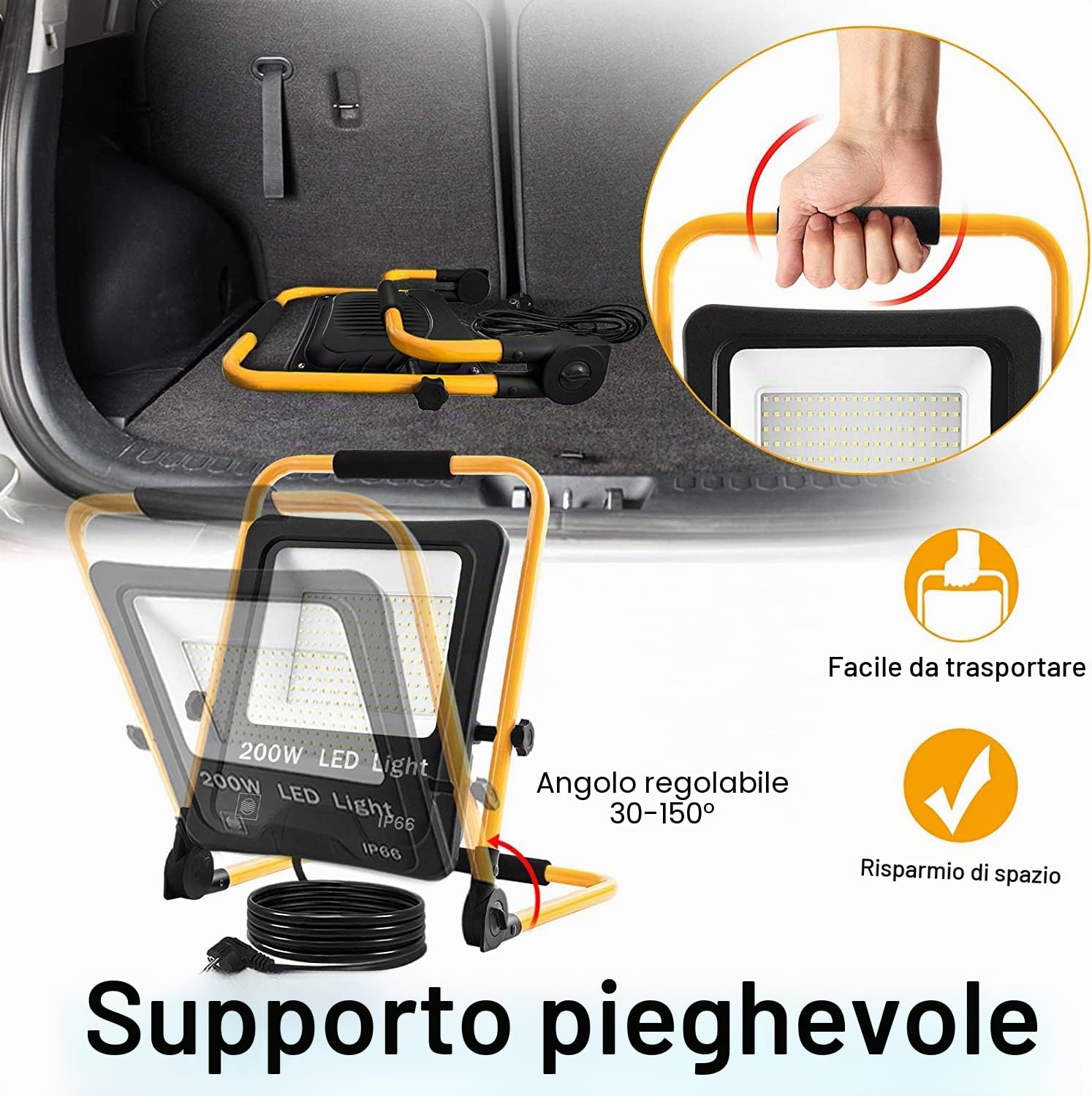 UISEBRT Faretto LED da cantiere, 200 W, bianco caldo, con Supporto e cavo di alimentazione, faretto a LED, impermeabile, IP66, per interni ed esterni, garage, giardino, campo sportivo, cantiere
