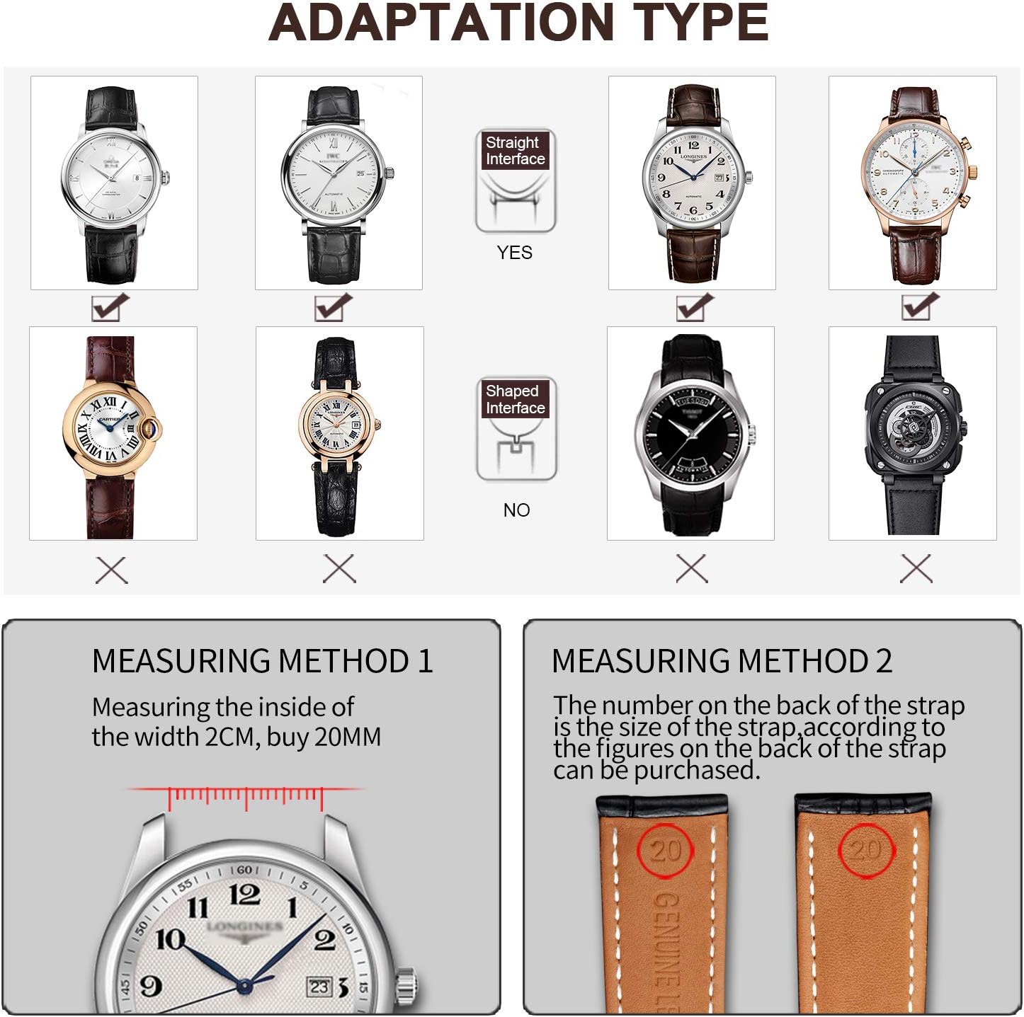 Moran Genuine Leather Band Alligator and Cowhide Replacement Deployment Buckle Watch strap12mm to 17mm Crocodile Leather Strap for Men's and Women's