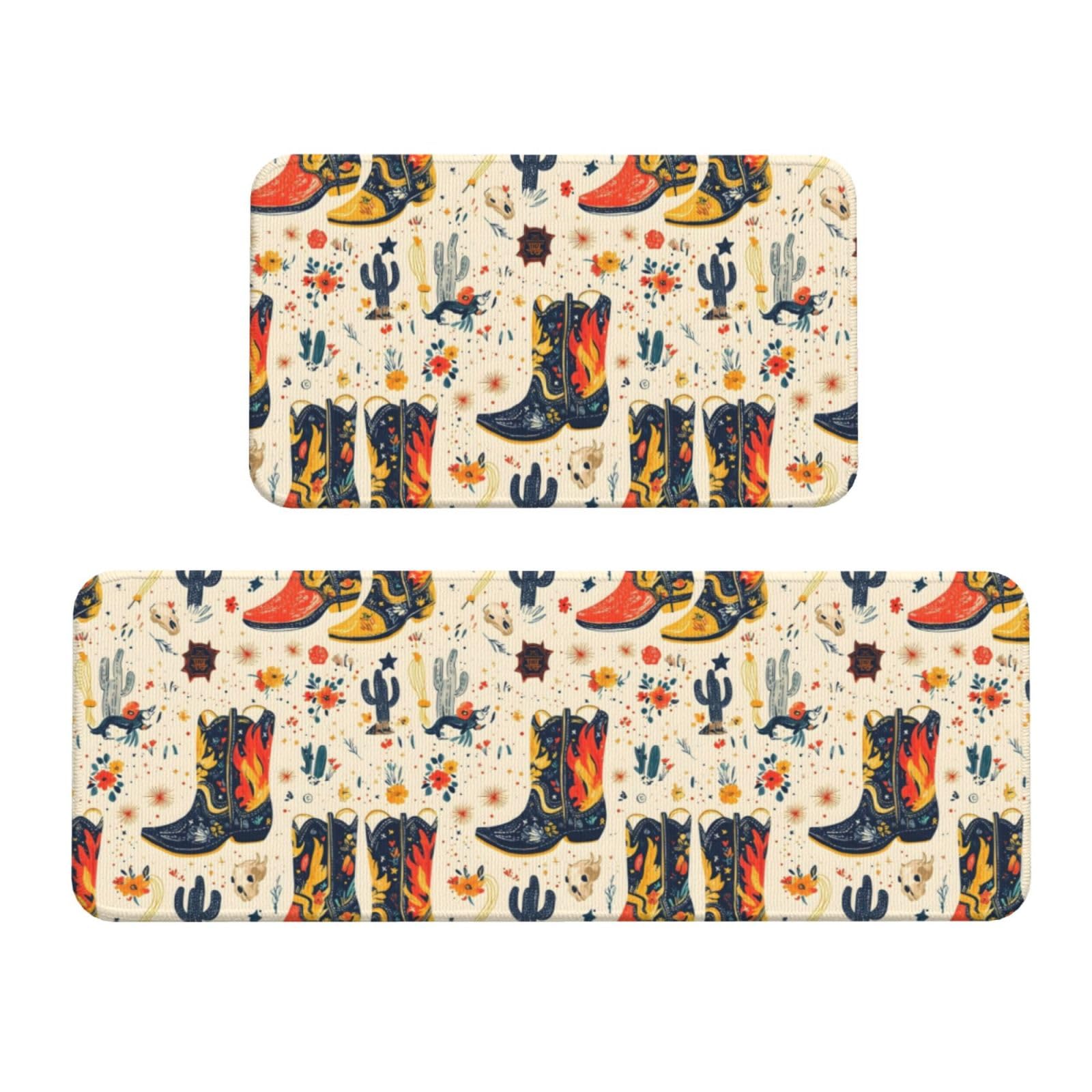 GVYGVY Antifatigue Kitchen Mats for Floor 2 Piece - Western Cowboy Boots Print Kitchen Rugs Washable, Non Slip Runner Rug Standing Mat for Office/Bathroom/Laundry/Home Decor and Accessories