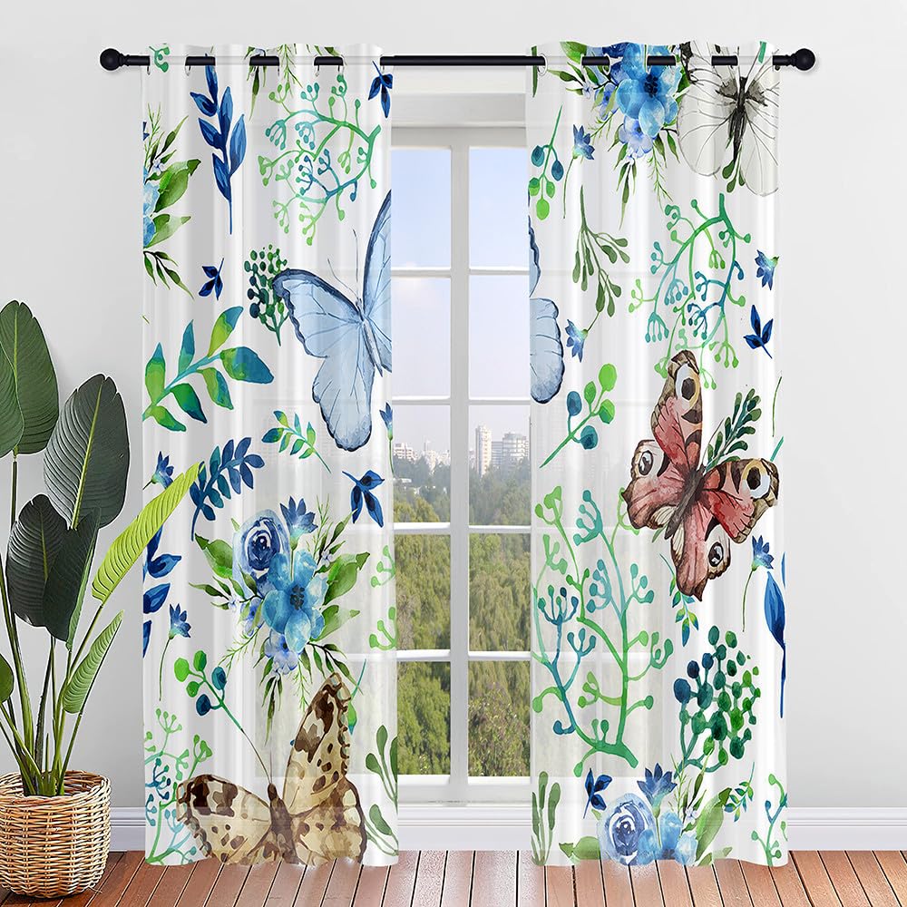 Hiseng Voile Curtains for Bedroom 2 Panels, Sheer Curtains Eyelets Net Translucent Window Screen 3D Print Tulle Door Drapes for Living Room Balcony Home Decorative (140x244cm,leaf butterfly)