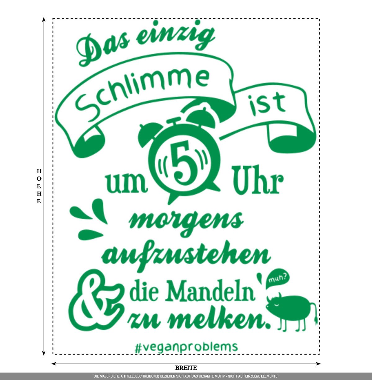 Aufkleber » Vegane Probleme - Mandeln melken, 260x36,5cm, Hellgrün • Wandtattoo / Wandaufkleber / Wandsticker / Wanddeko / Vinyl